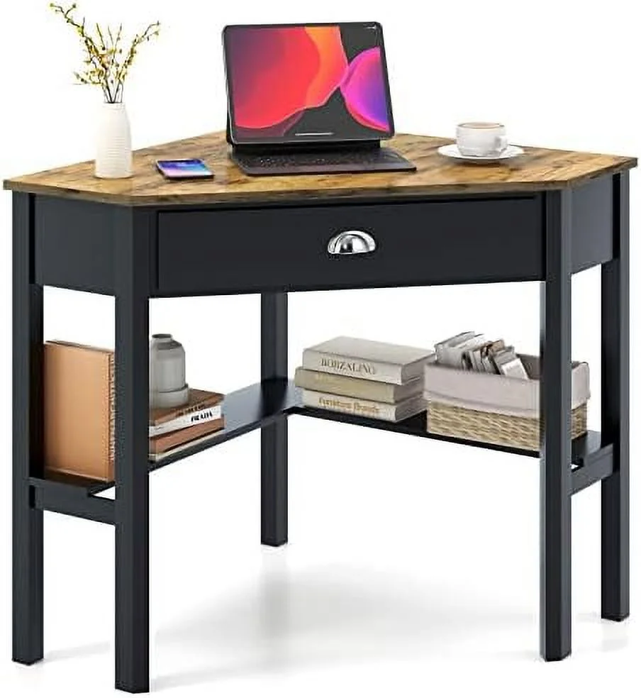 TJCGDTY Corner Desk  Corner Computer Desk with Drawer for Small Space  Small Corner  Vanity Desk  90 Degrees Triangle Corner Desk with  Shelves (Coffee & Black)