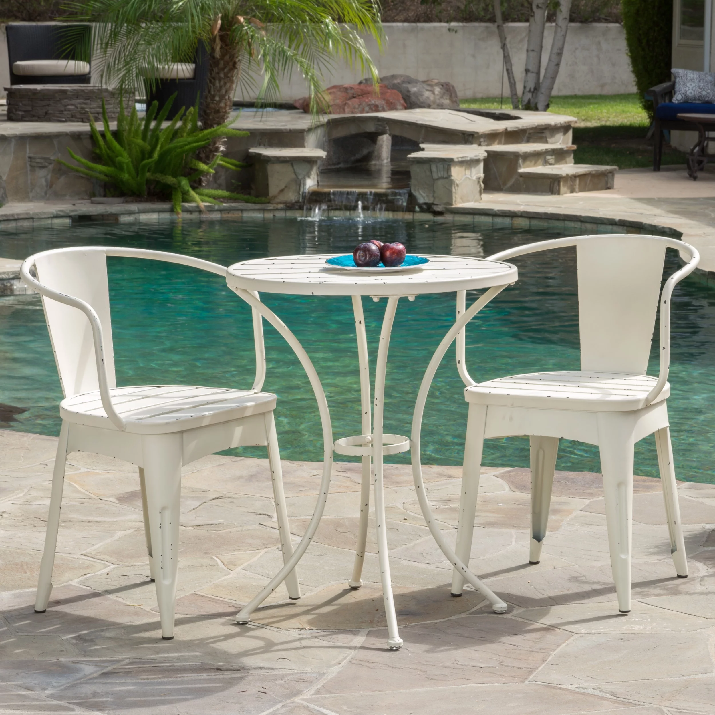 Rodriguez 3 Piece Outdoor Iron Bistro Set, Shabby White