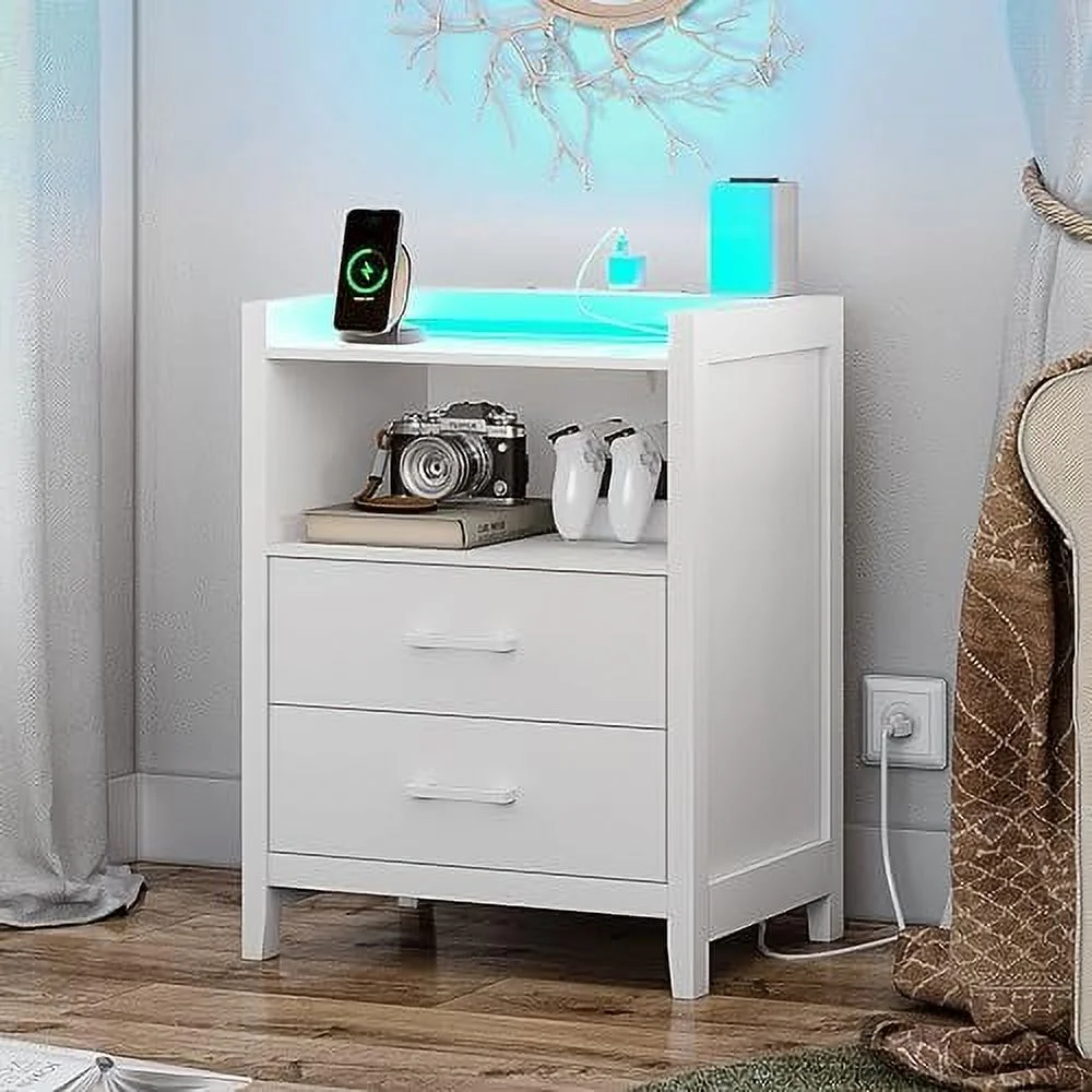 HOOMHIBIU Nightstand with LED Lights and Charging Station  End  with 2 Drawers and Open   Modern Bedside Table for Bedroom  White (NSL)