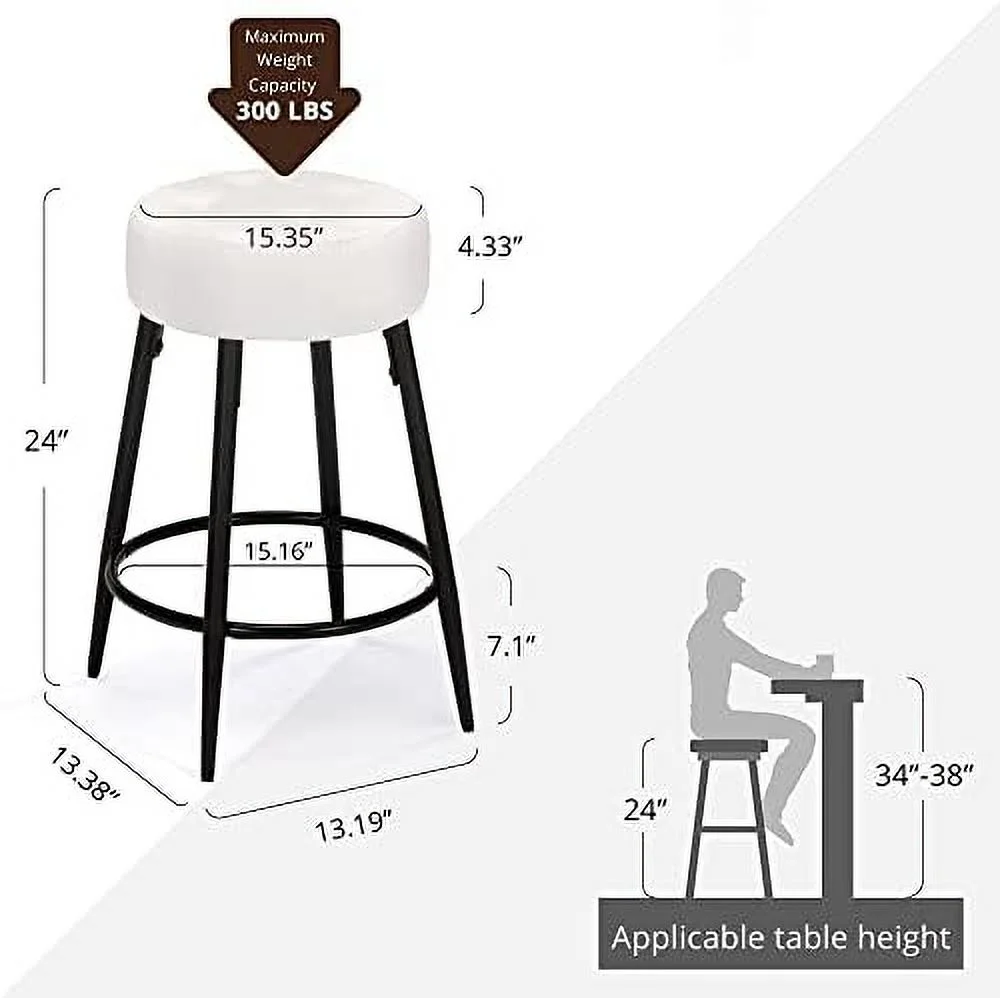 TQNJYGX Barstools  Counter Height Barstools  24 Inches  Saddle Stool with Round Faux Leather Cushion  Soft Seat with Metal Legs  for Kitchen Island  Coffee Shop    Bistro  Set of 4  White