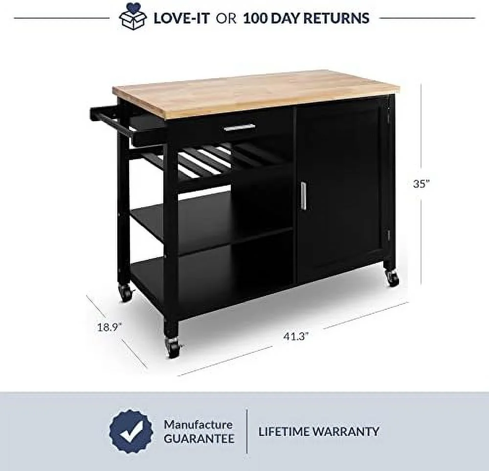 HYHBIBOOM Modern Rolling Kitchen Island Utility Cart with  Drawer   Cabinet  Handle Towel Rack  Rubber Wood Top  and Caster Wheels - Sonoma (Black)