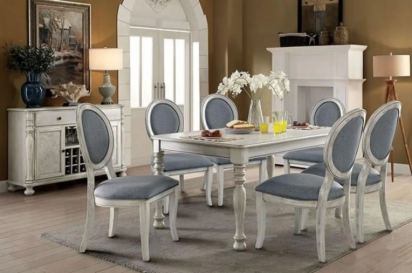 Antique White & Gray Solid Wood Dining Room Set 8pcs FOA Siobhan & Kathryn
