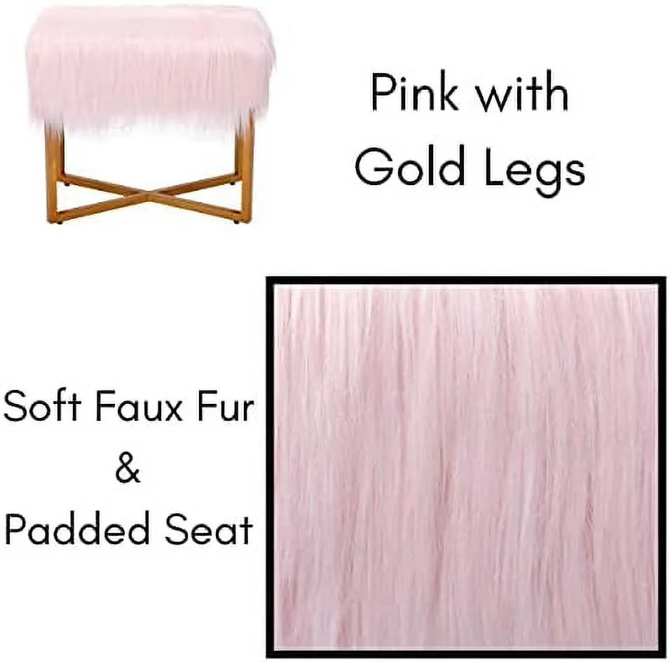 CGFHYP Rectangular White Faux Fur Foot Stool Ottoman with Gold Legs - Vanity Chair - Soft Compact Padded Seat - Bedroom and  Room Chair - Metal - Fluffy  Seat