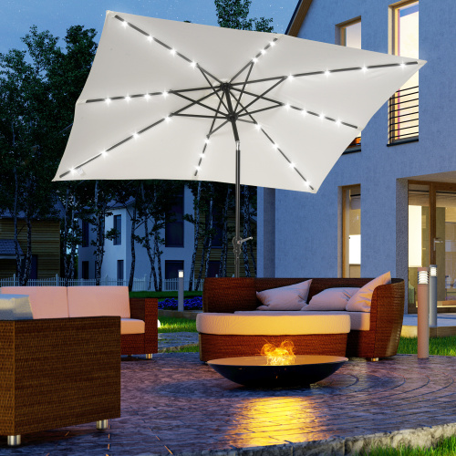Buumin Outsunny 9' x 7' Solar Umbrella, LED Lighted Patio Umbrella for Table or Base with Tilt & Crank, Outdoor Umbrella for Garden, Deck, Backyard, Pool, Beach, White