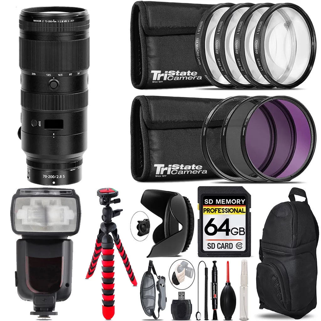 Nikon NIKKOR Z 70-200mm f/2.8 VR S Lens + Canon Speedlight & More - 64GB Kit