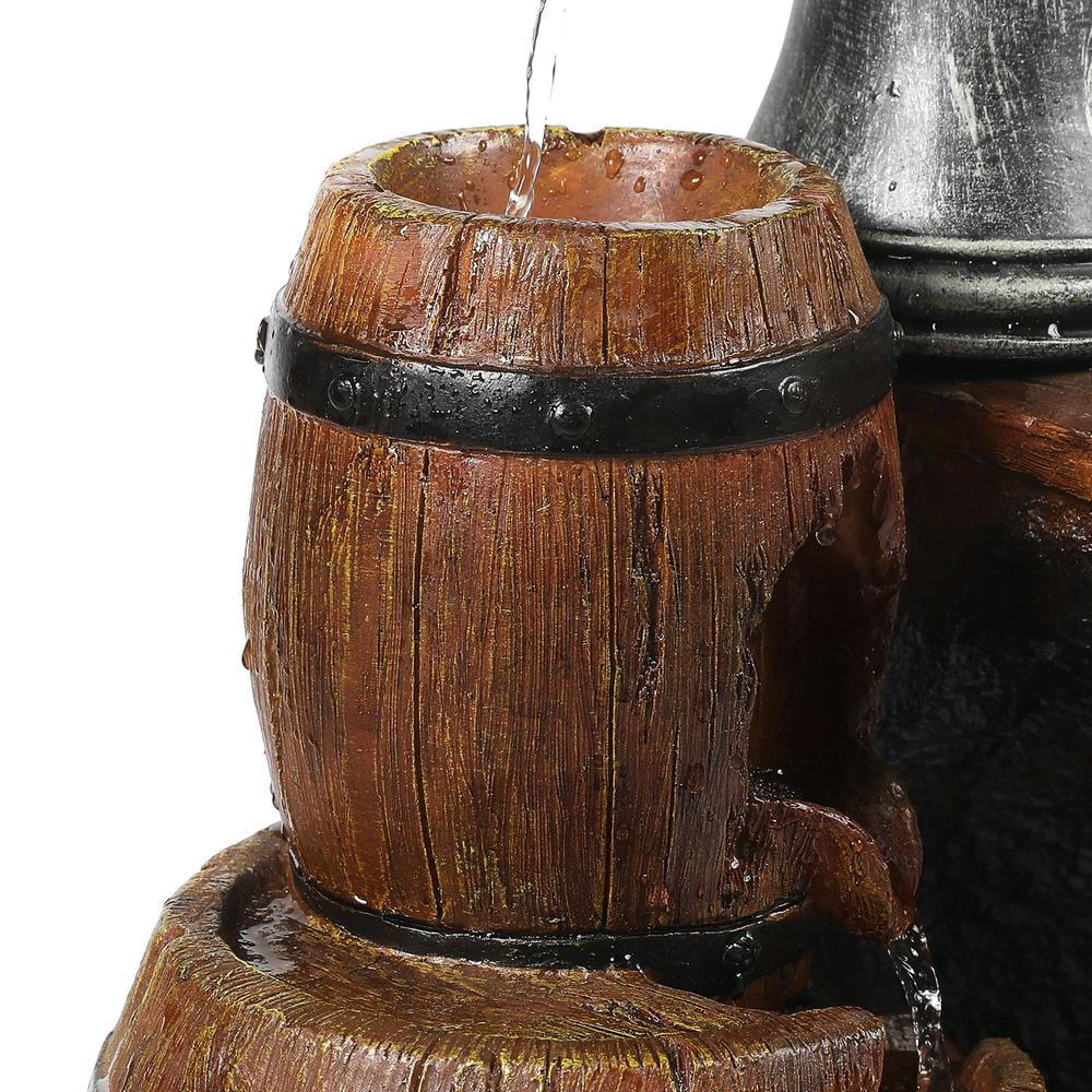 LuxenHome Polyresin Water Pump and Large Whiskey-Barrel Patio Fountain