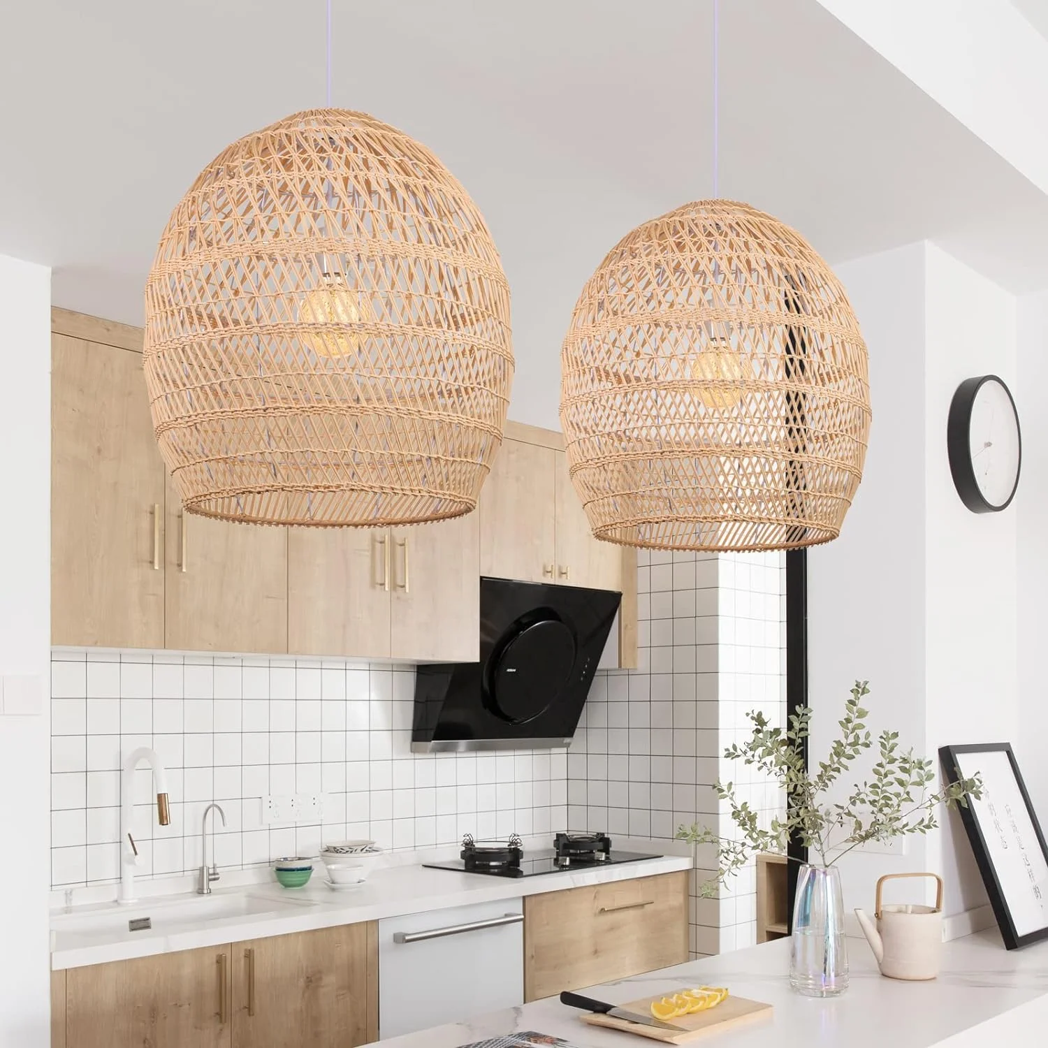 GOURE Boho Wicker Chandelier, Rustic Rattan Basket Pendant Light Fixture Coastal Ceiling Lamp, Farmhouse Hanging Lighting for Dining Table Kitchen Island Restaurant