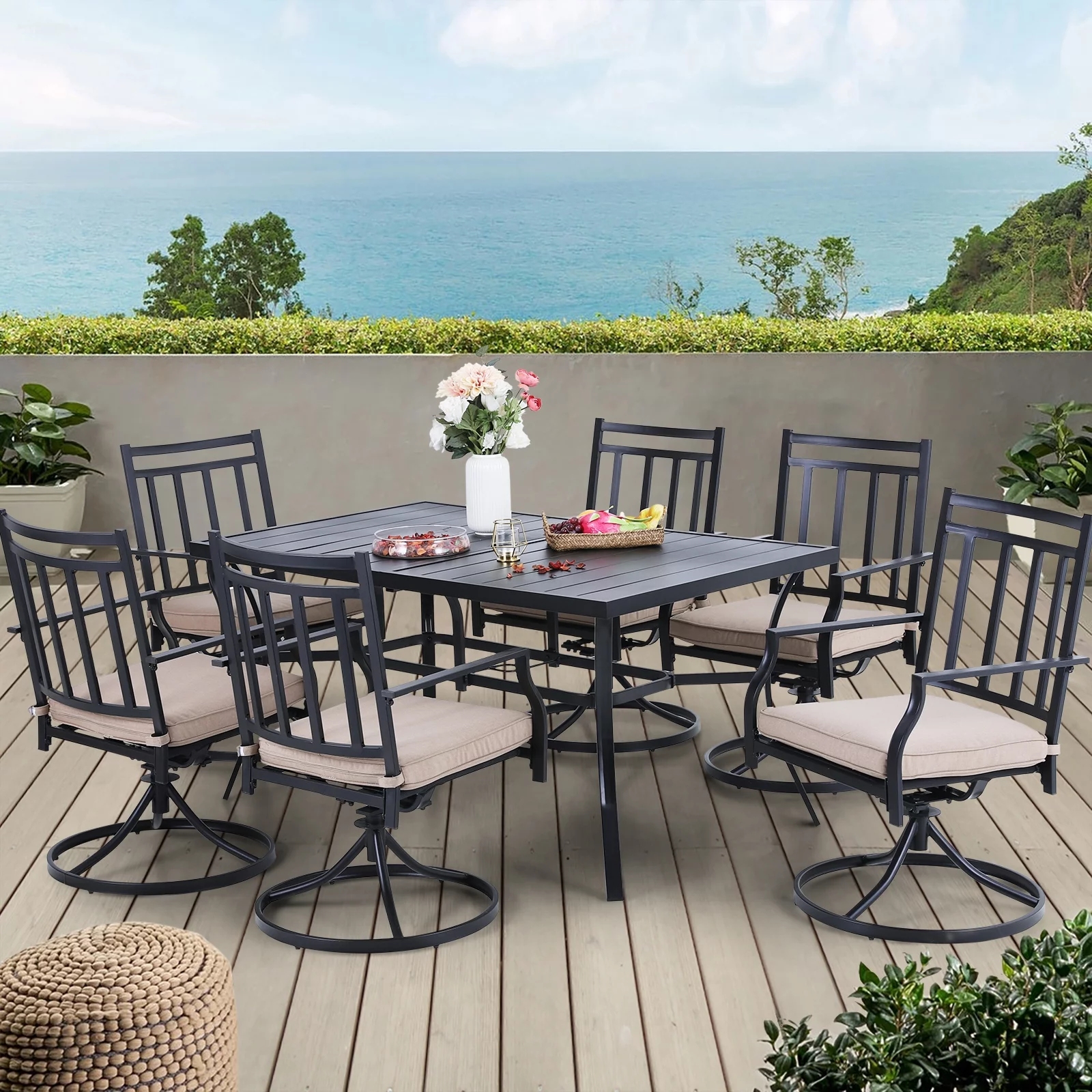 MF Studio 7PCS Patio Dining Sets with 6 Swivel Dining Chairs and 1 Rectangular Metal Table Suitable for 6 People, Beige Cushion Included