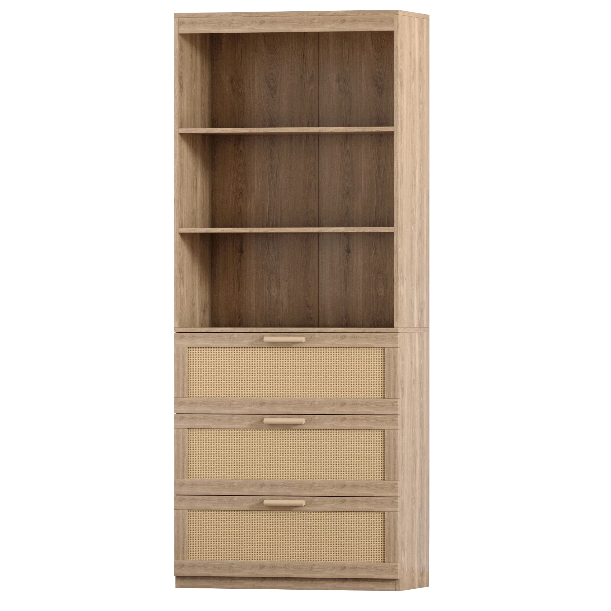 Rattan Storage Cabinet, Freestanding Indoor Organizer with Open Shelf and Drawers,71