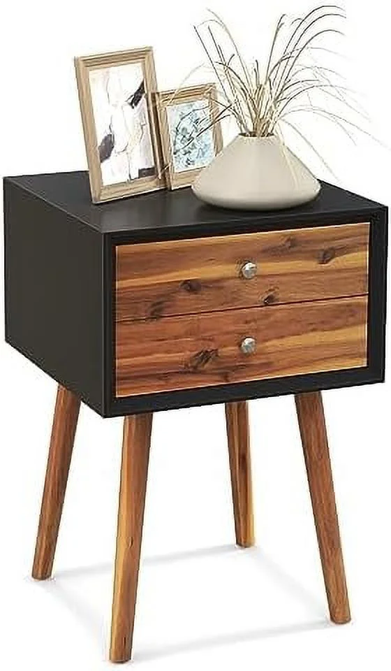 GVJMTKP Nightstand with 2 Drawers  Mid Century Modern Bedside Table with Solid Wood Legs  Practical End  for Living Room Bedroom Small Space  Night Stand  Black & Walnut