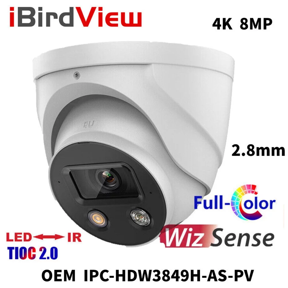 iBirdView IP Camera 8MP  Full-Color OEM version of IPC-HDW3849H-AS-PV-S4 Built-in Mic Audio WizSense Red Blue Flashlight Alarm SMD 2.8mm Lens