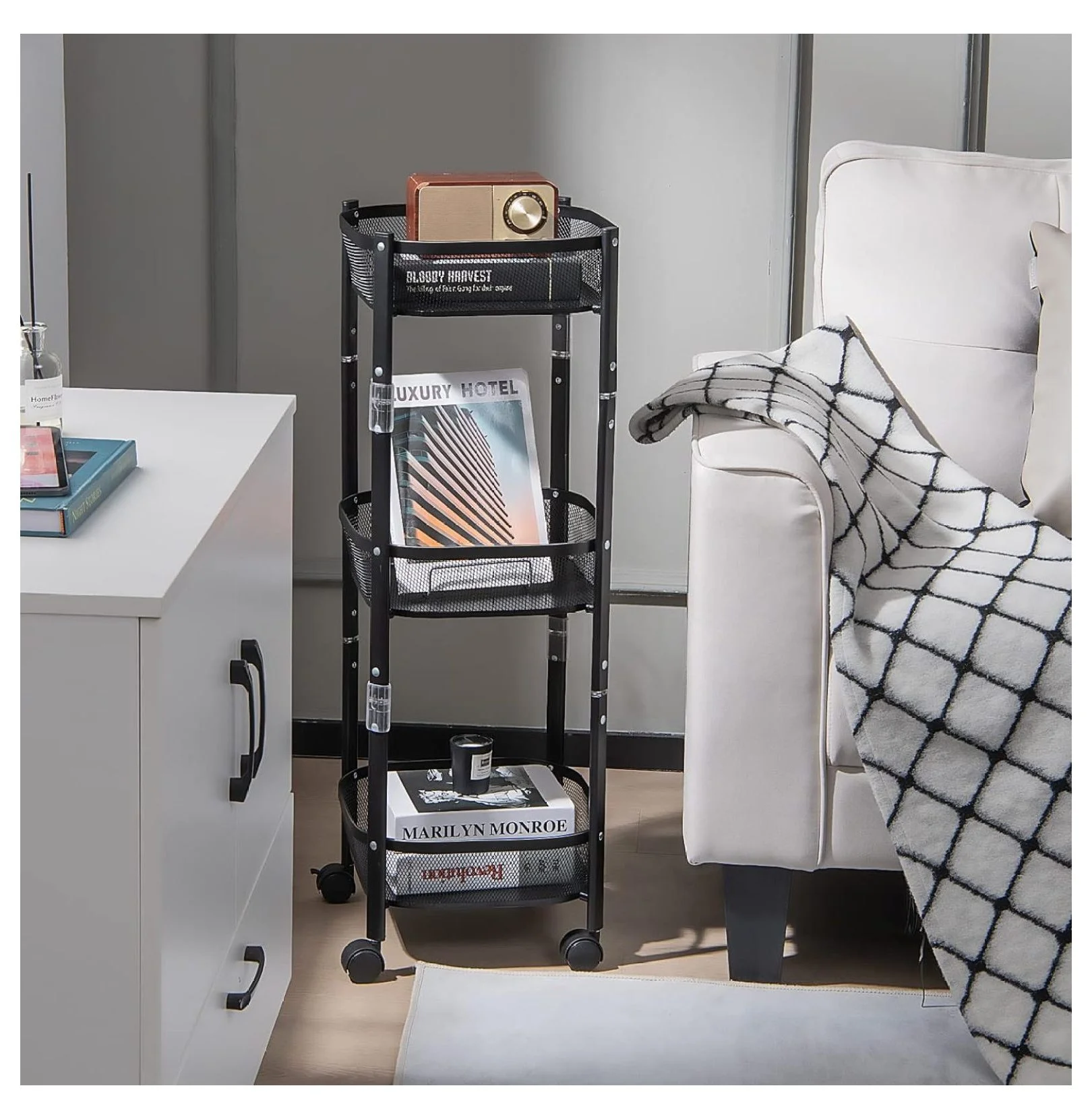 oddfain Folding Storage Cart, 3-Tier Metal Square Utility Rolling Cart Kitchen Storage Organizer, Mobile Shelving Unit Cart with Wheels for Bathroom, Laundry, Living Room, Black