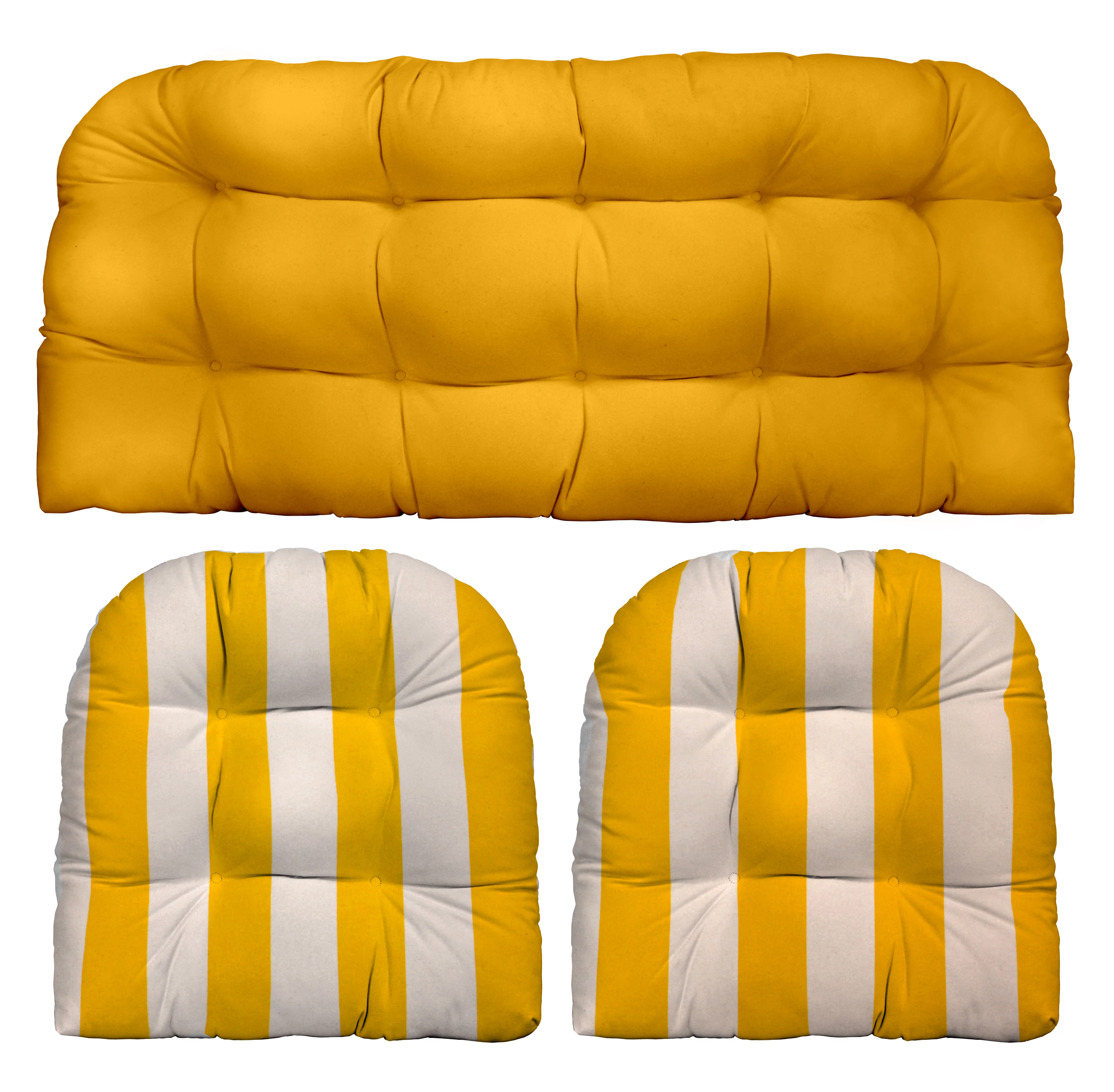 RSH Décor Indoor Outdoor 3 Piece Tufted Wicker Cushion Set, Standard, Yellow + Yellow & White Stripe