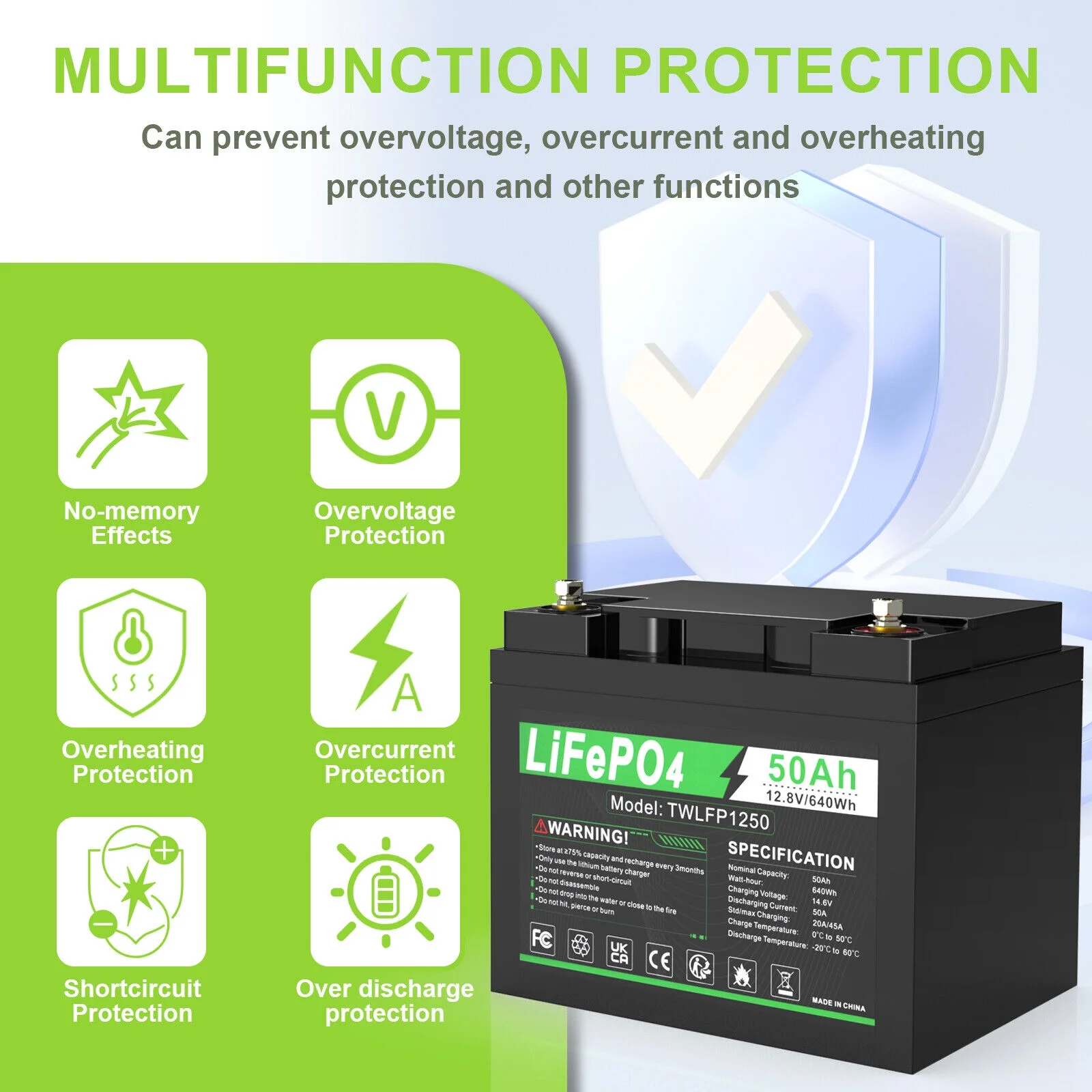 50Ah LiFePO4 Battery Deep Cycles 12V Lithium Ion for RV Outdoor Golf cart