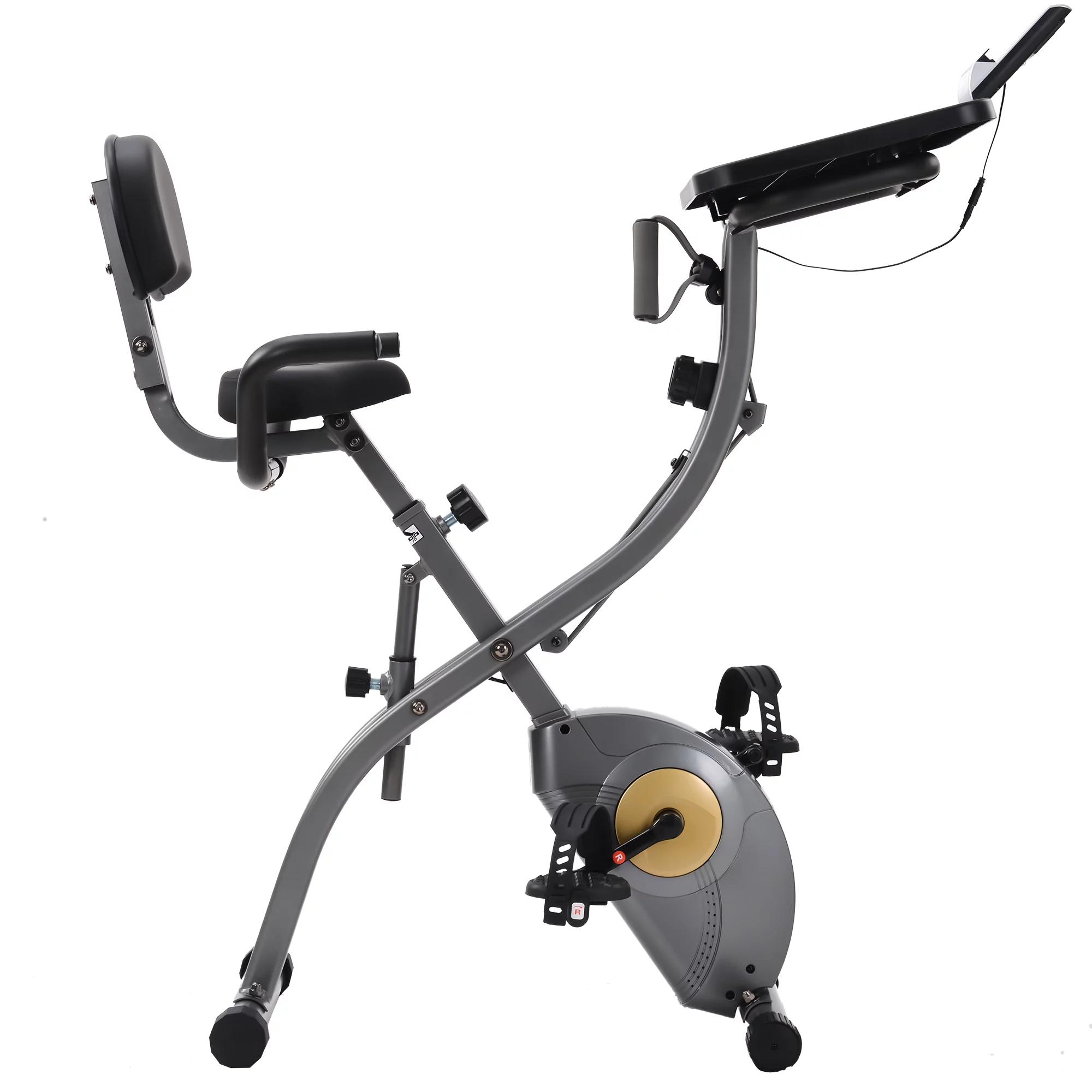 Merax 3 in 1 Exercise Bikes Folding Magnetic Upright Fitness Cycle with Desktop, Arm Resistance Bands and Extra-large Adjustable Seat