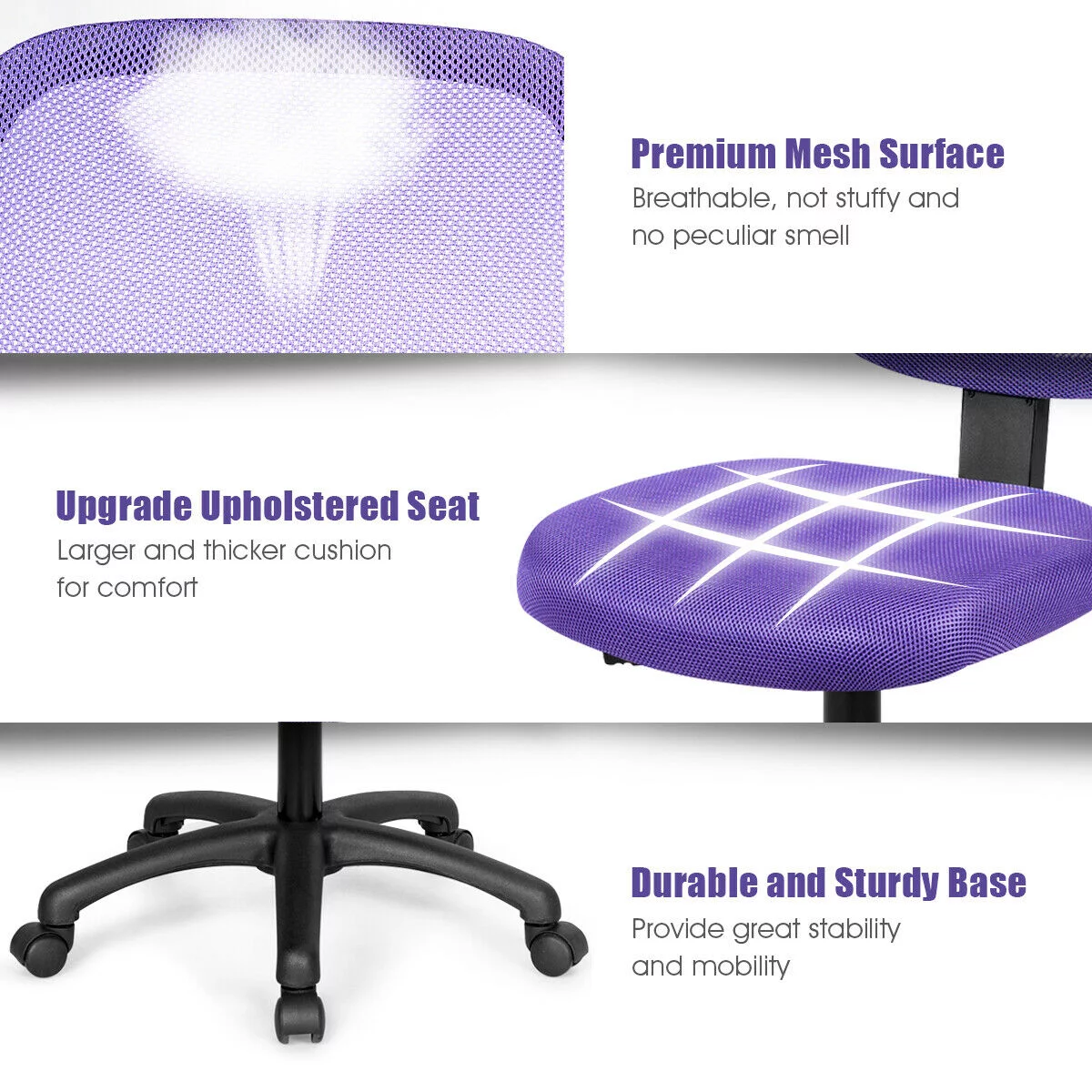 Low-back Computer Task Office Desk Chair with Swivel Casters-Purple