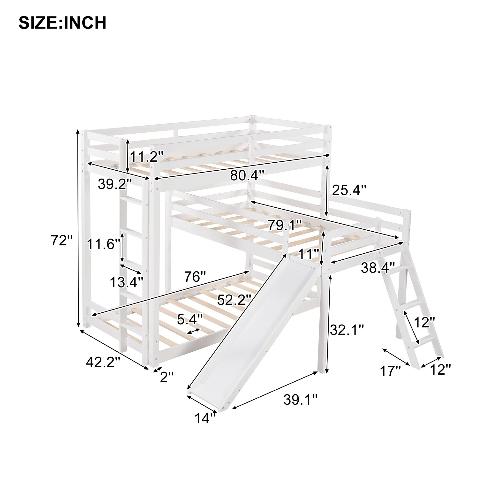 Euroco L-Shaped Twin Over Twin Over Twin Bunk Bed, Triple Bed with Slide & 2 Ladders, White