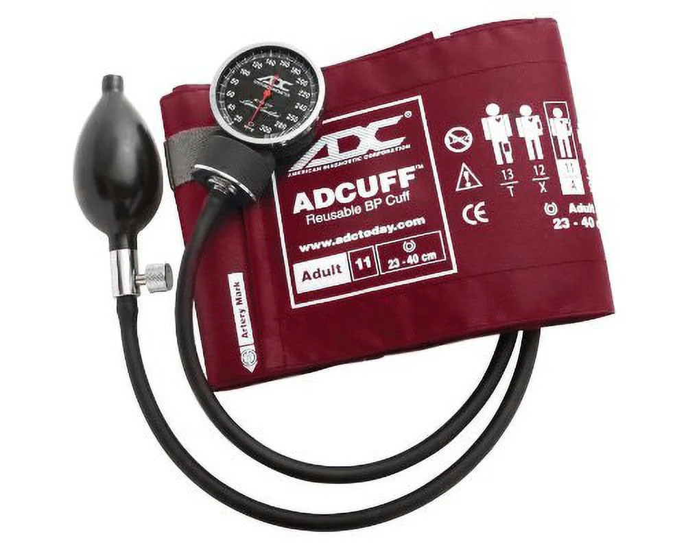 adc diagnostix 720 pocket aneroid sphygmomanometer with adcuff nylon blood pressure cuff, adult, burgundy