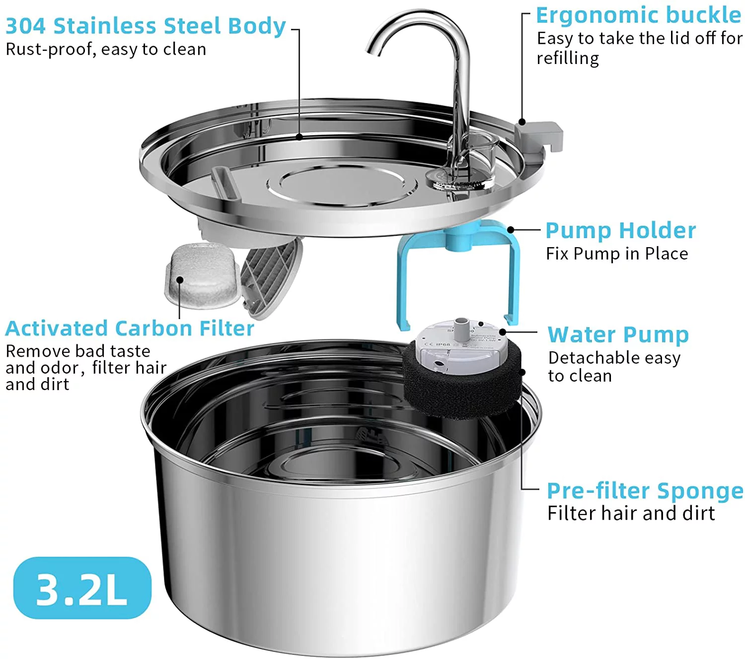 Cat Water Fountain, 3.2L/108oz Automatic Stainless Steel Pet Fountain Dog Water Dispenser, Ultra-Quiet Pump and 3 Replacement Filters & for Cats, Dogs, Multiple Pets