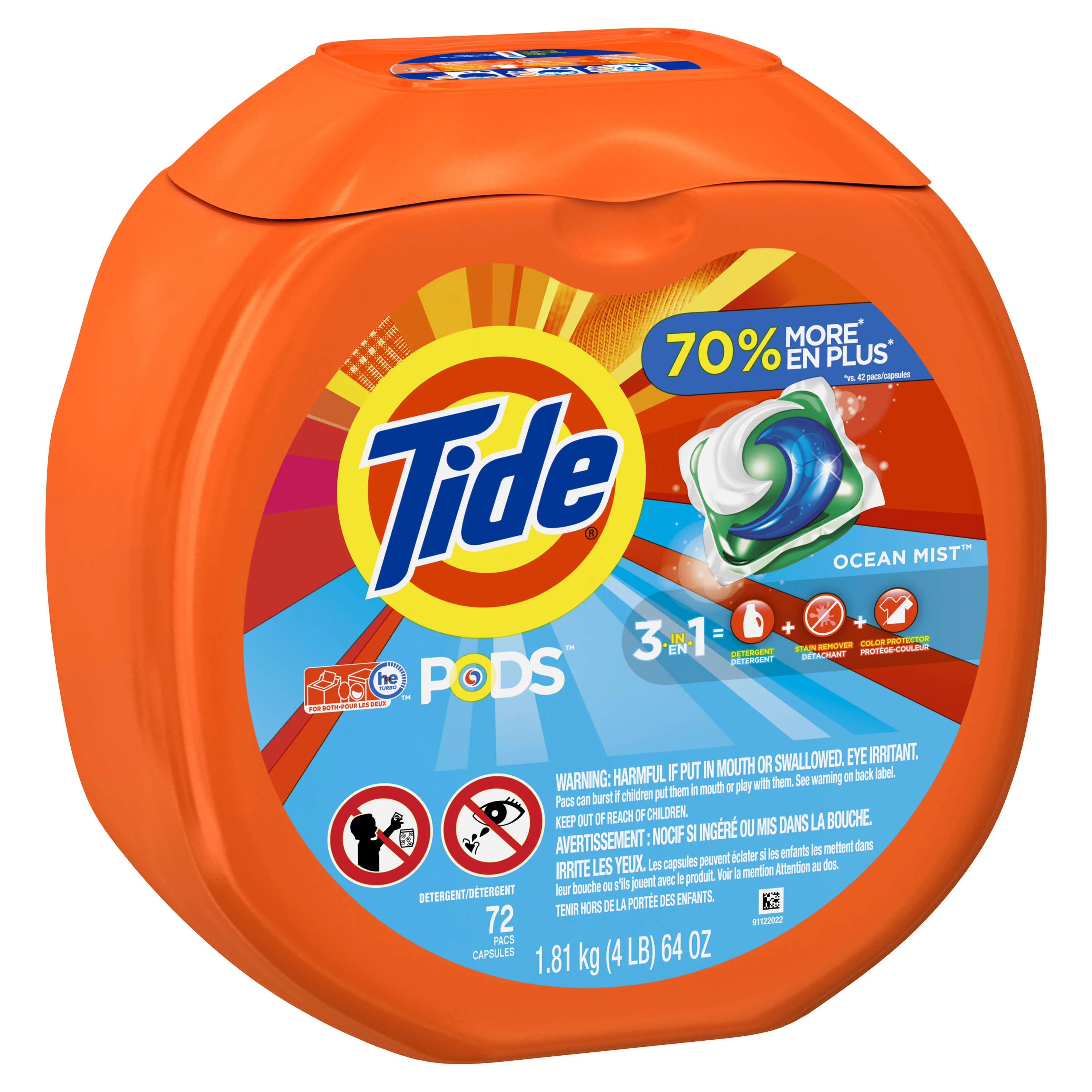 Tide PODS Liquid Laundry Detergent Pacs, Ocean Mist, 72 loads
