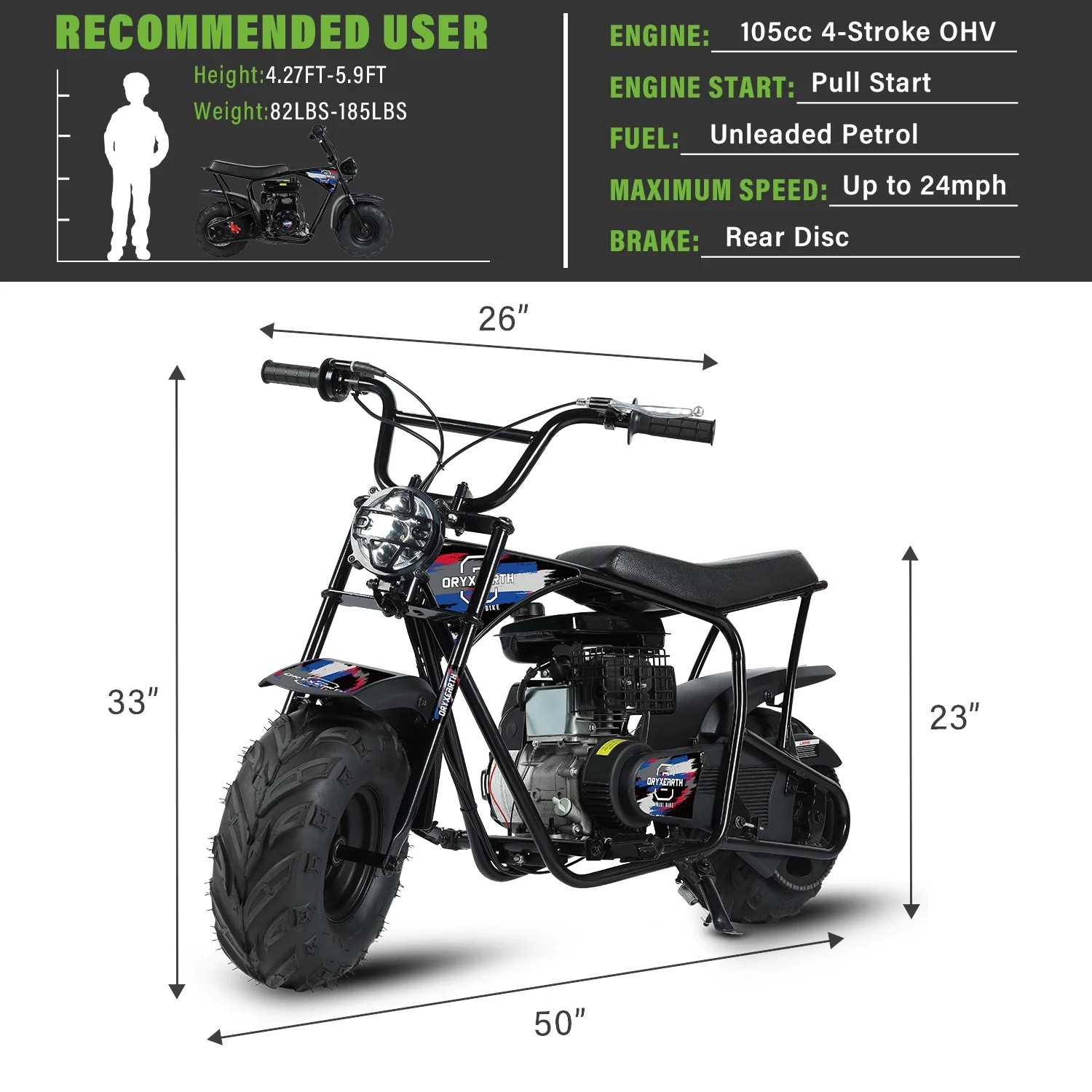 Oryxearth Gas Powered Mini Dirt Bike with Headlight, 105CC 4-Stroke Off-Road Motorcycle, Up to 24 Mph, Racing Blue