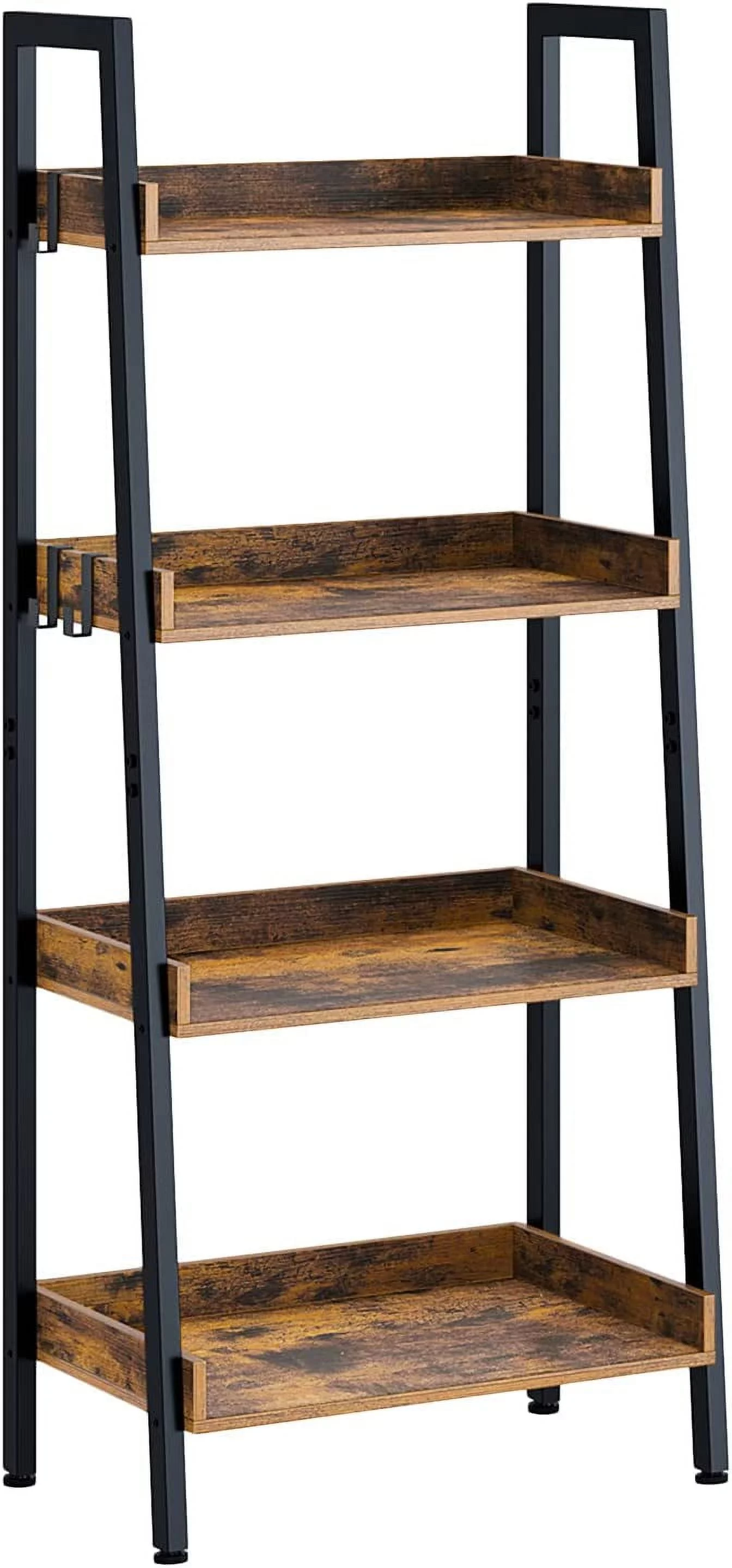 Bookshelf, 4 Tier Ladder Bookshelf with 3 Hooks, Industrial Bookcases, Freestanding Display Plant Shelves with Metal Frame for Living Room, Rustic Brown
