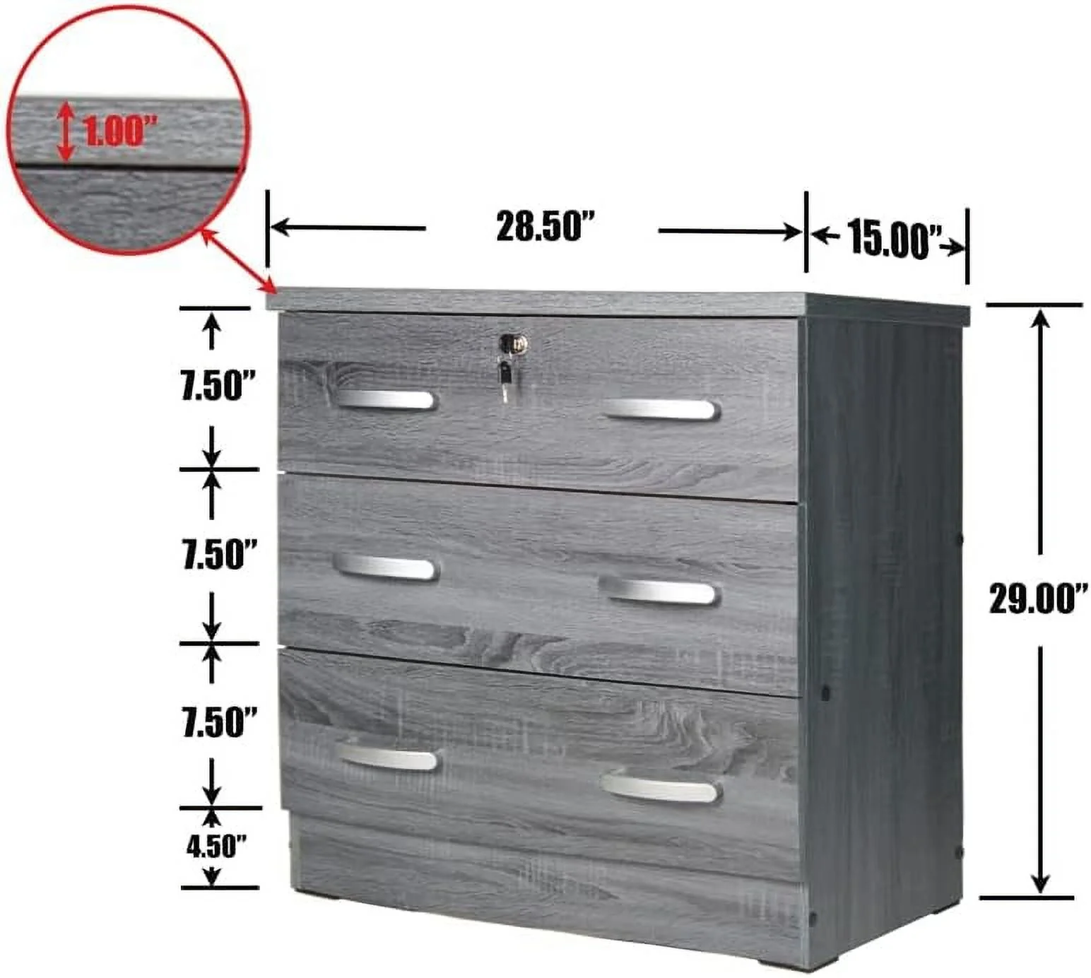 HOOMHIBIU 3 Drawer Engineered Wood Chest Bedroom Dresser in Gray