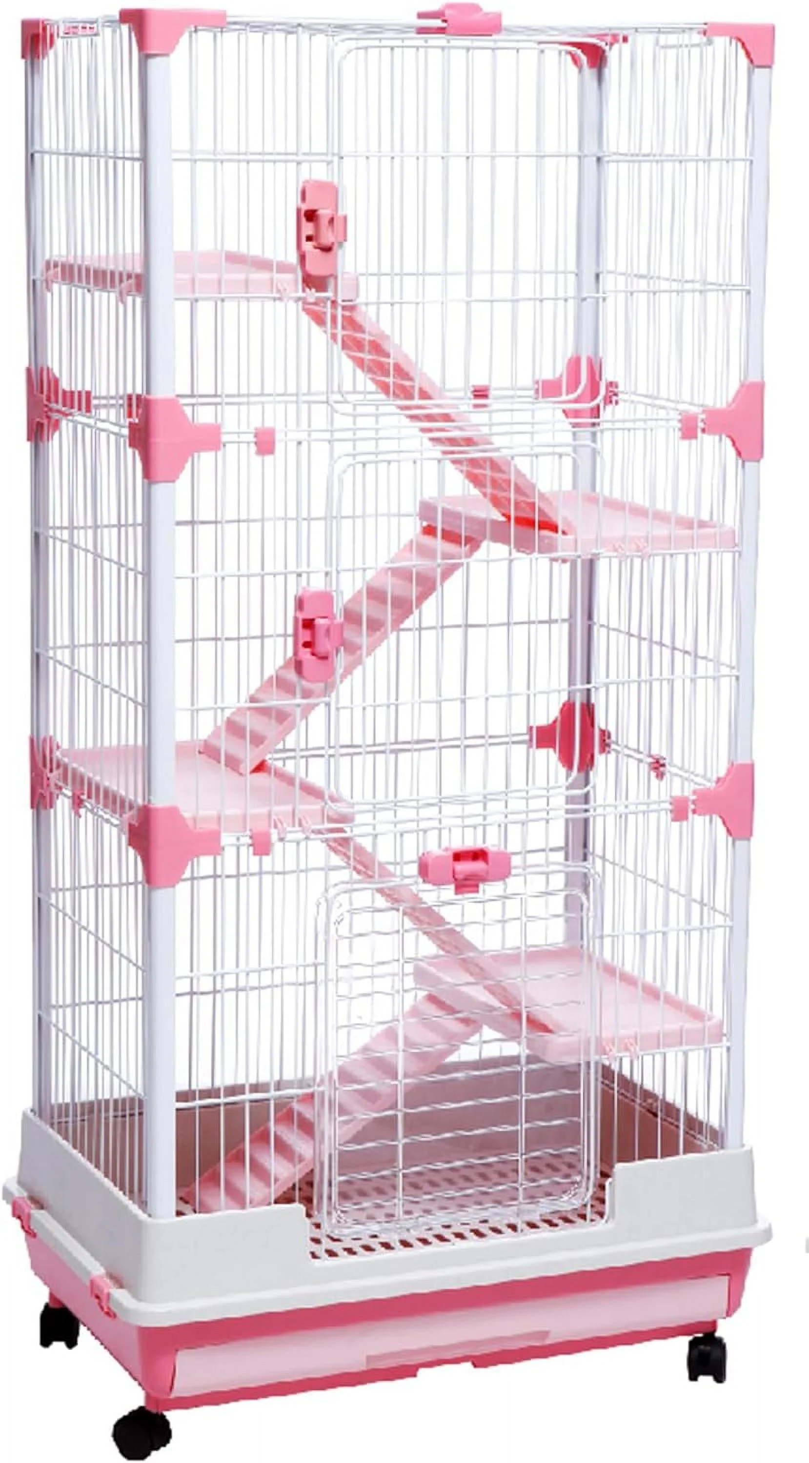 Multi-Levels Indoor/Outdoor Small Animal Rabbit Bunny Hutch Guinea Pig Hedgehog Cat Chinchilla Squirrel Habitat Cage 4 Doors Pull Out Tray Rolling Wheels
