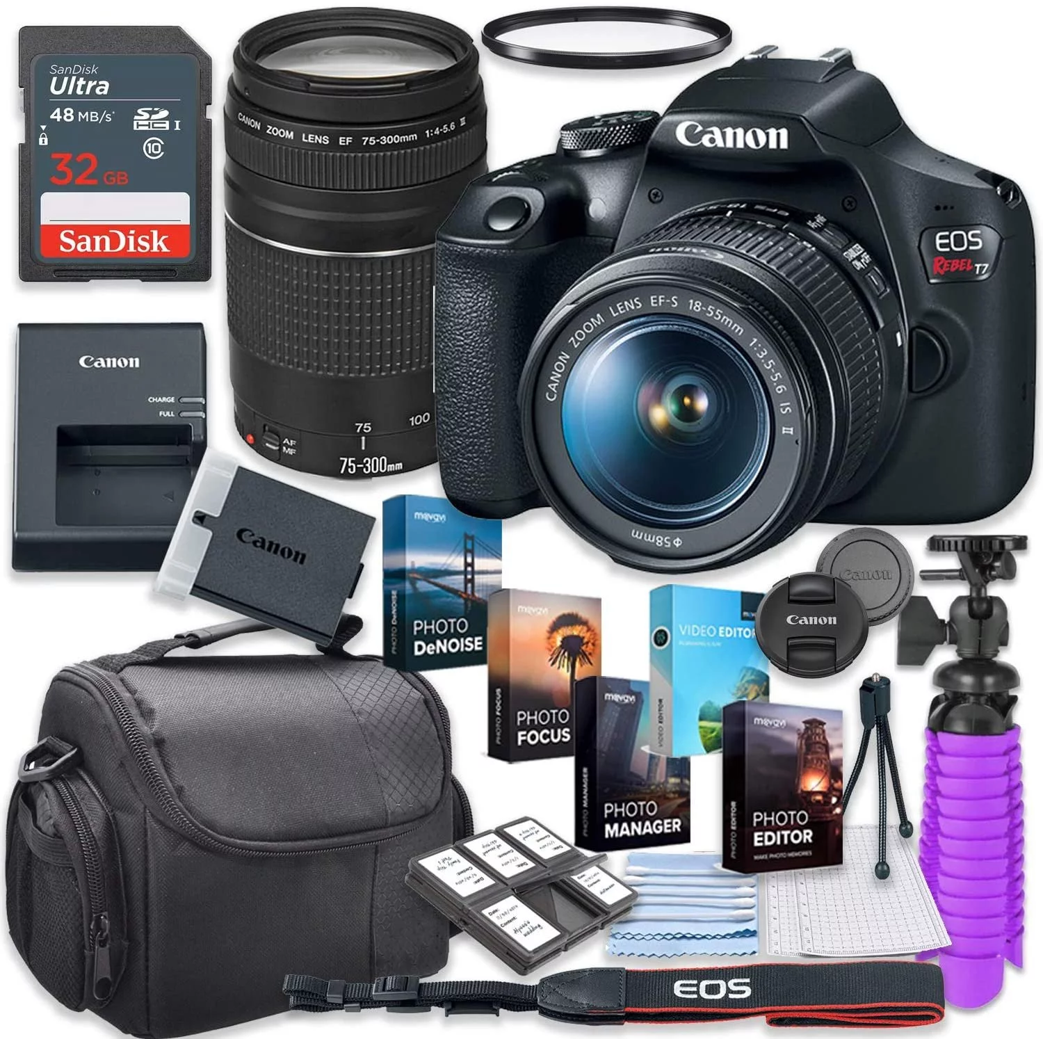 Canon EOS Rebel T7 DSLR Camera with 18-55mm & 75-300mm Lens + 32GB Card + Accessory Photo Bundle