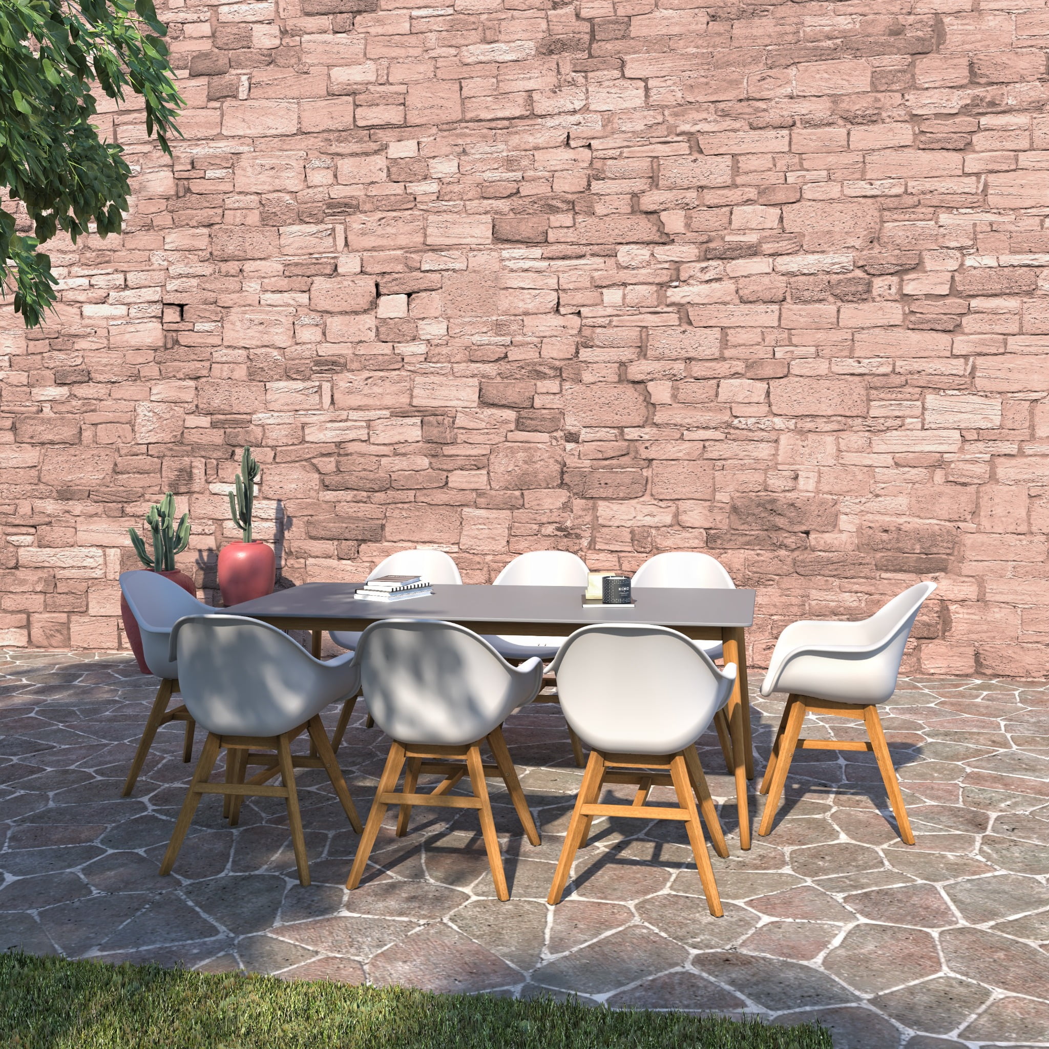 Amazonia Berna 9-Piece Patio Rectangular Dining Table Set | Eucalyptus Wood | Ideal for Outdoors and Indoors