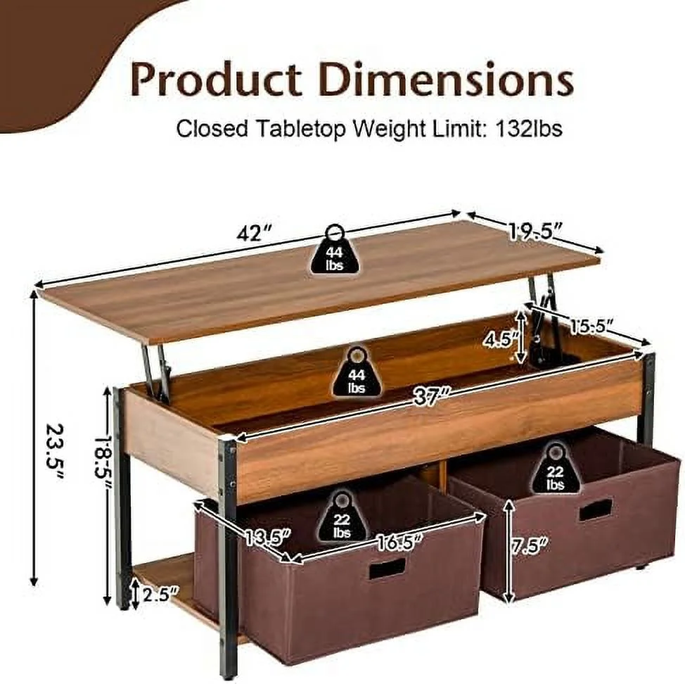 TJCGDTY Lift Top Coffee Table with Drawers  Multifunctional Pop-up Central Table with Lifting Tabletop  Concealed Compartment & 2 Folding Fabric Drawers  Home Living Room  (Rustic Bro