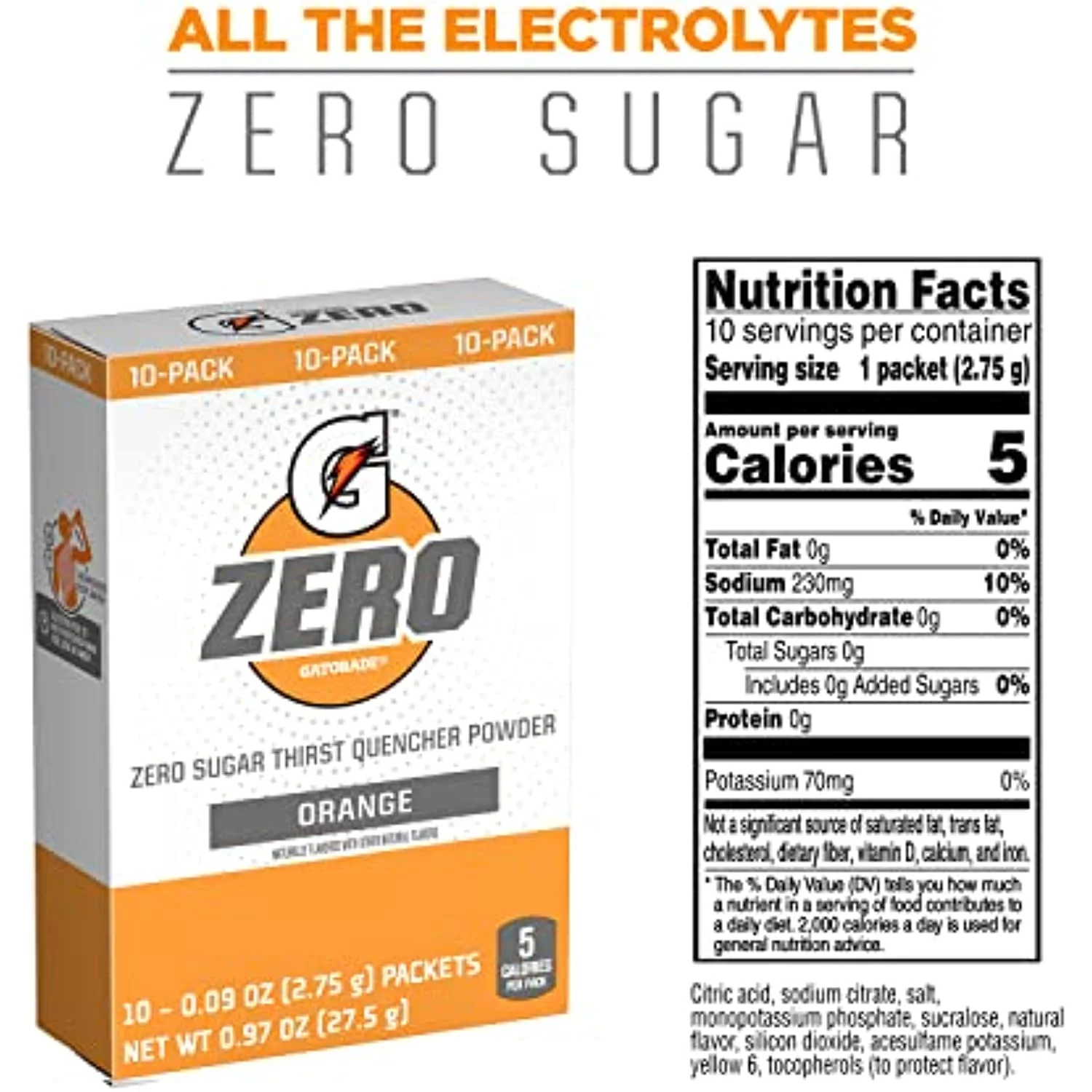 Gatorade G Zero Powder, Orange, 0.10Oz Packets,(120 Counts) , Pack Of 12