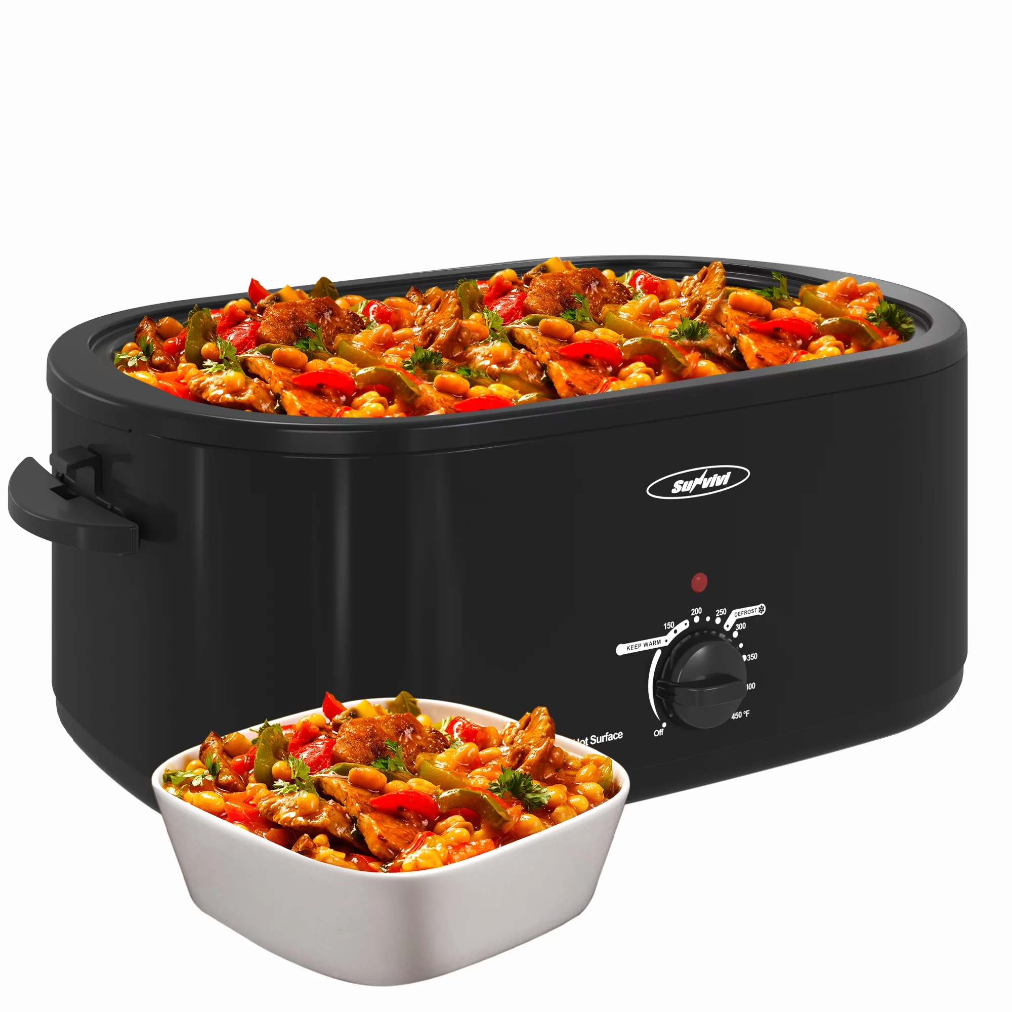 Sunvivi 24 Quart Electric Turkey Roaster Oven with Visible Glass Lid,Removable Pan & Rack, Stainless Steel, Black