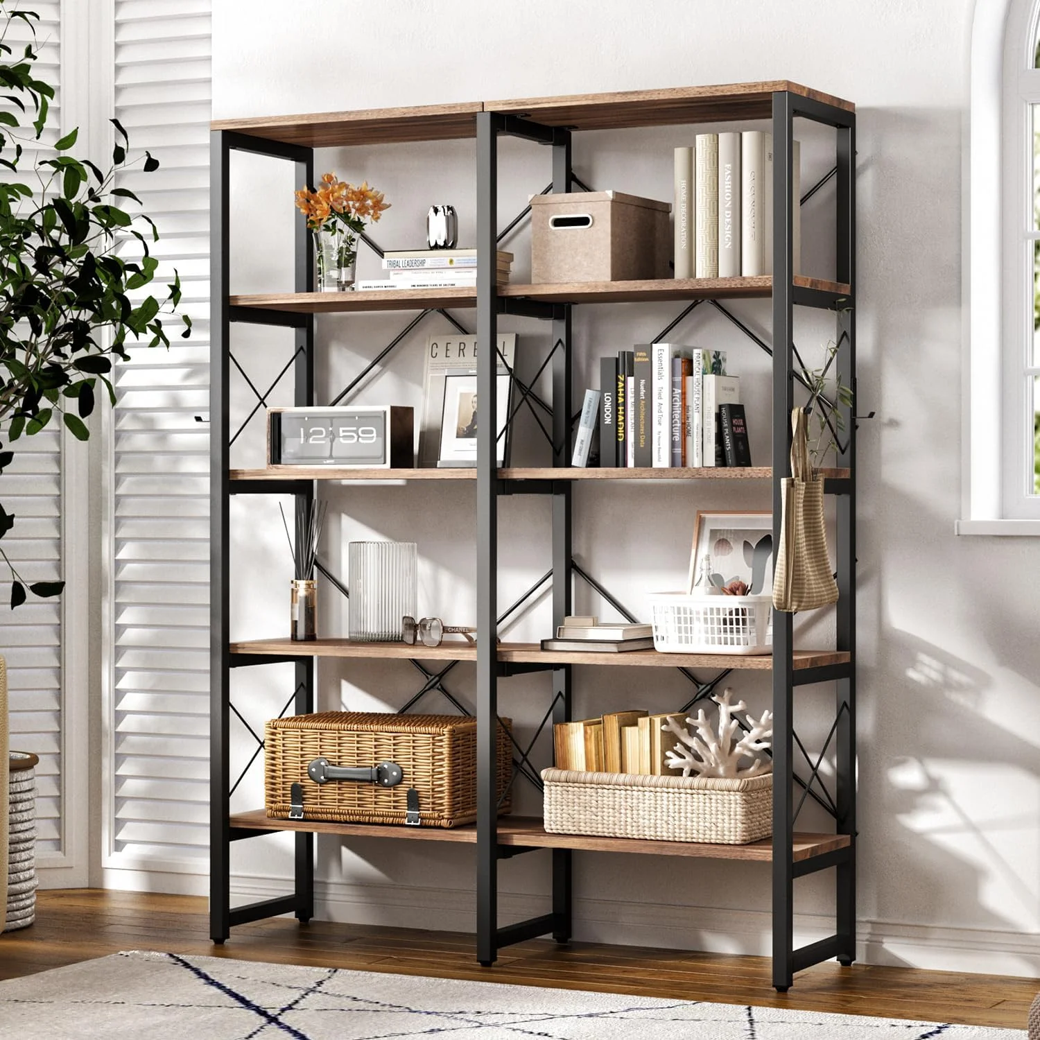 YiSHOP Double Wide 5-Tier Bookcase, Industrial Bookshelf with Metal Frame, Open Large Book Shelf, Wood and Tall Display Shelves for Home and Office, Rustic Brown and Black