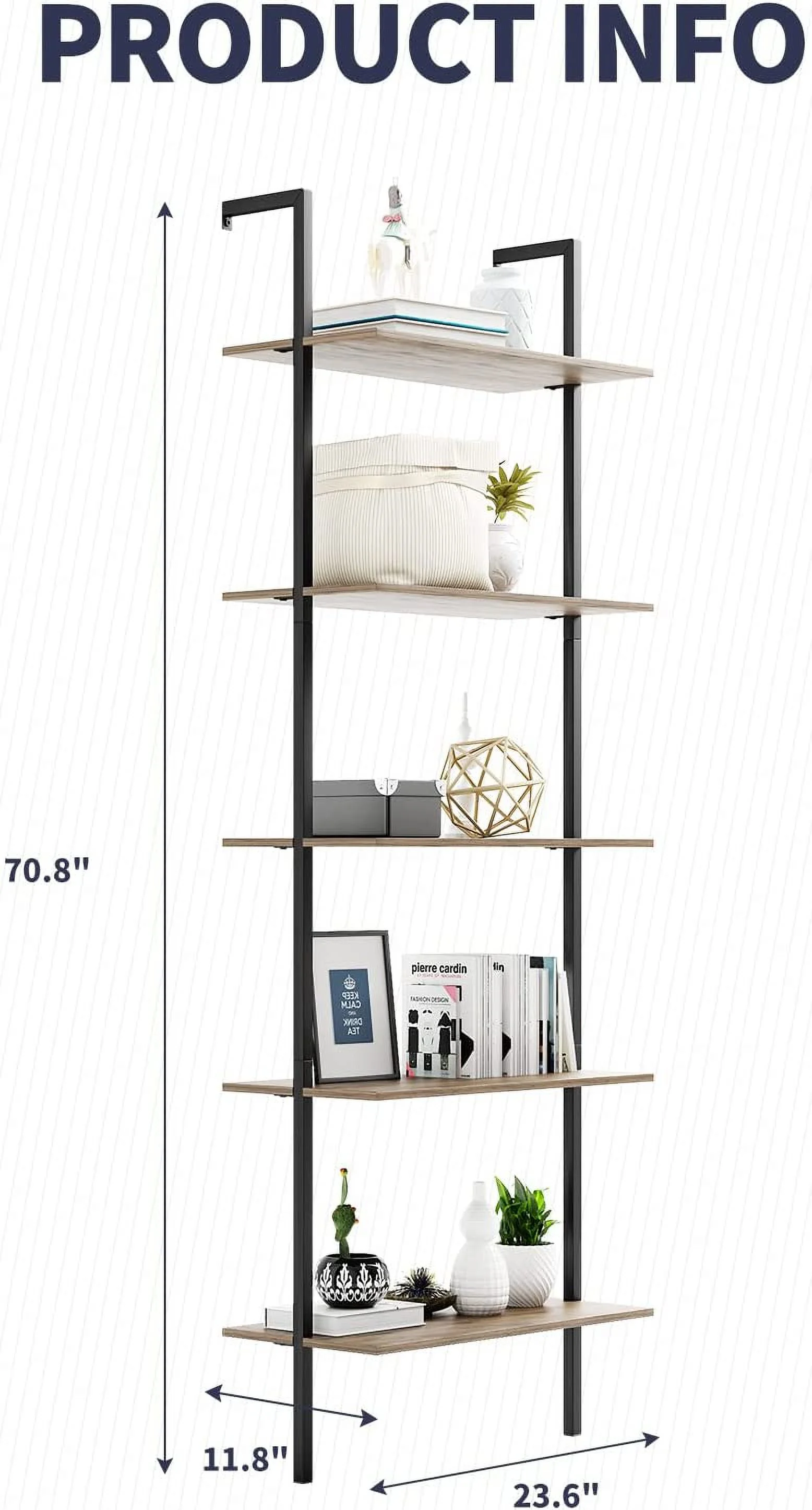 ZAFLY 5-Tier Ladder Shelf, Wall Mounted Ladder Bookshelf with Metal Frame, Open Industrial Shelf Bookcase for Living Room/Bedroom