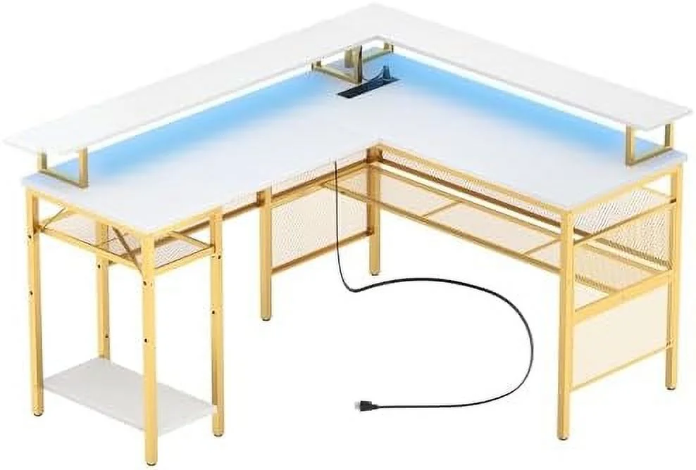 HYHBIBOOM Reversible L Shaped Desk  Cool 55 Inch Corner Computer Desk with Smart Strip Light and Magic Power Outlet  Sturdy Office Table with Monitor Stand and   Elegant Grid Design  Ligh