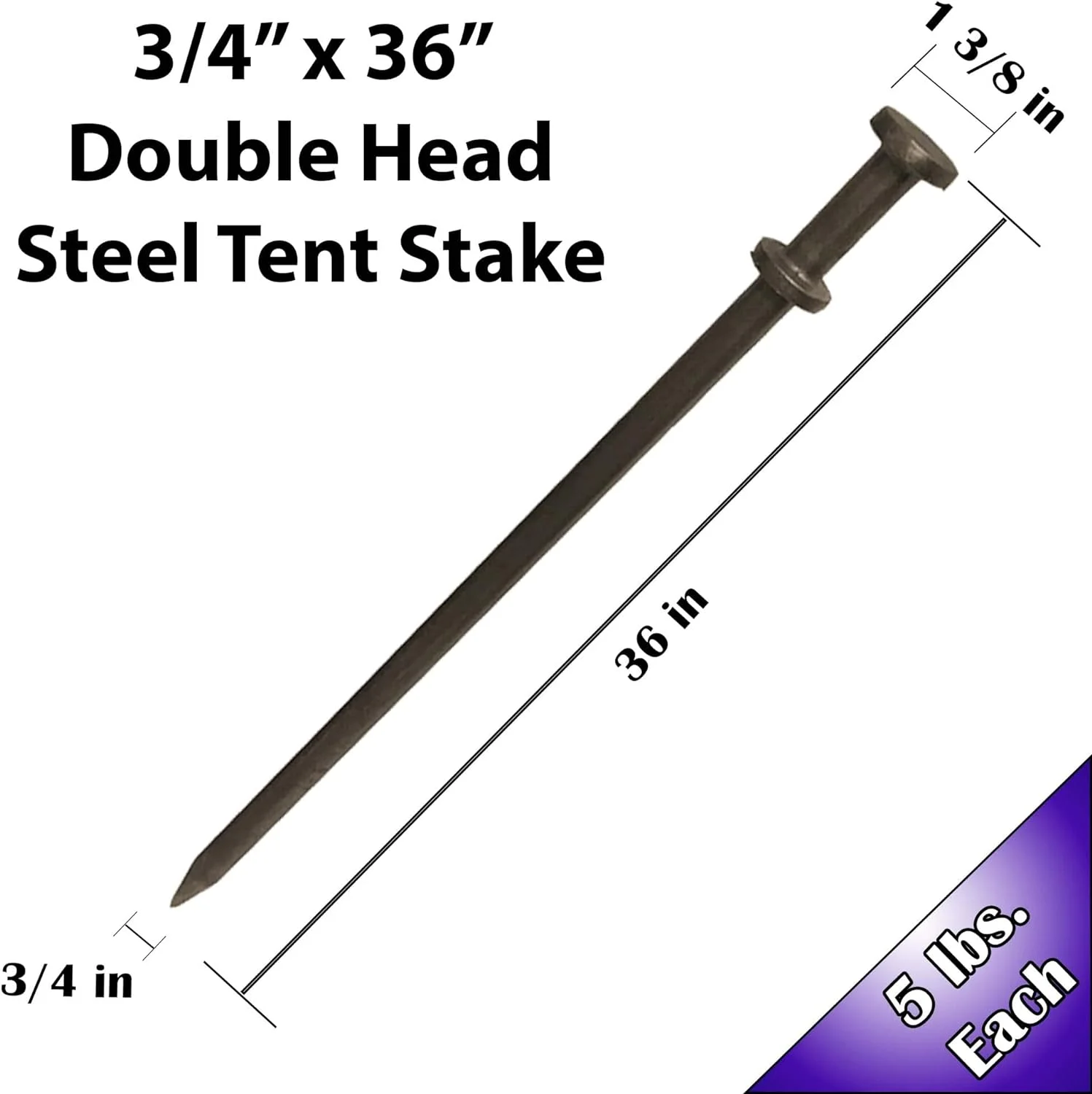 Double Head Tent Stakes - Heavy Duty Steel Tent Stakes, Versatile Ground Spikes To Anchor Inflatables, Party Tents, And Outdoor Camping Shelters, 3/4 X 36 Inch, 4-Pack