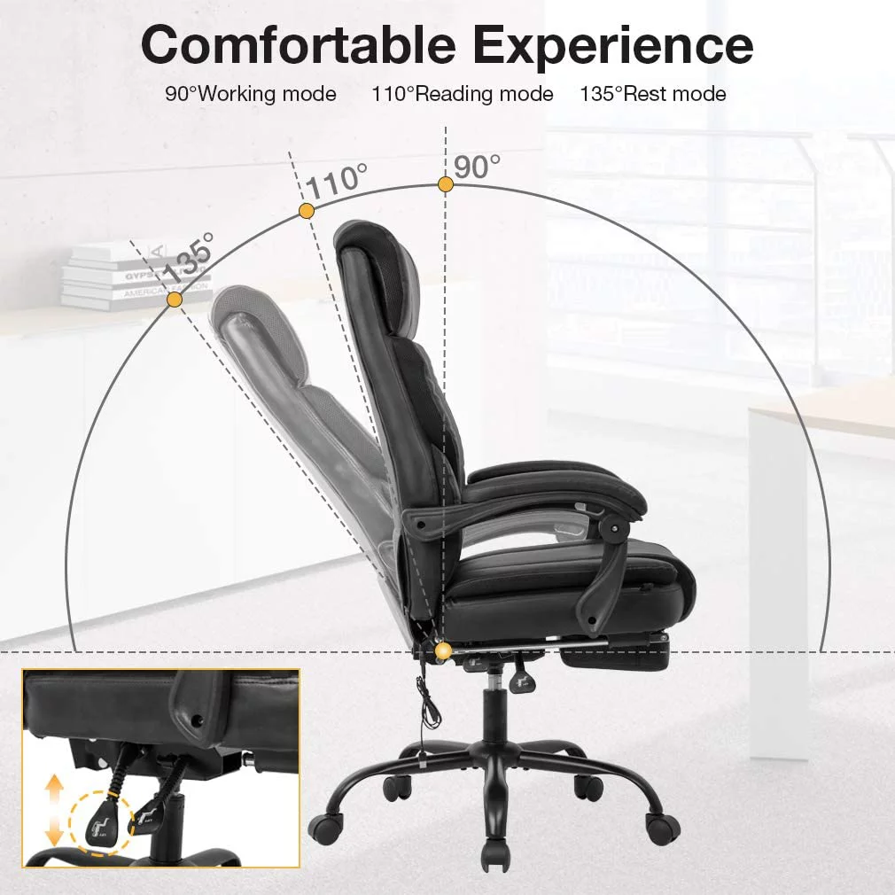 Home Office Chair with Lumbar Support Armrest Foot Rest Rolling Swivel High Back PU Leather(Black)