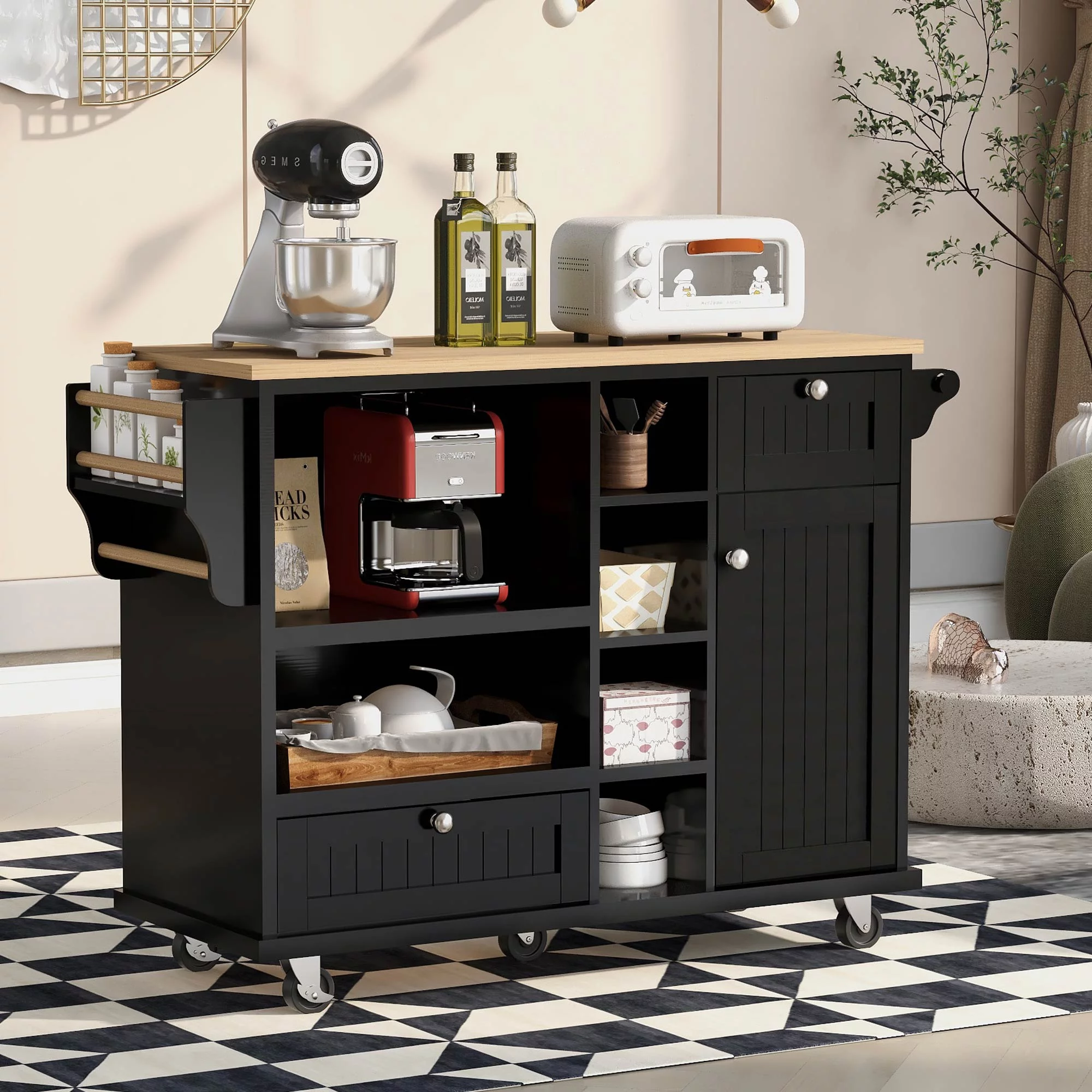 Kitchen Island Cart with Storage Cabinet, Floor Standing Buffet Server Sideboard for Kitchen, Black