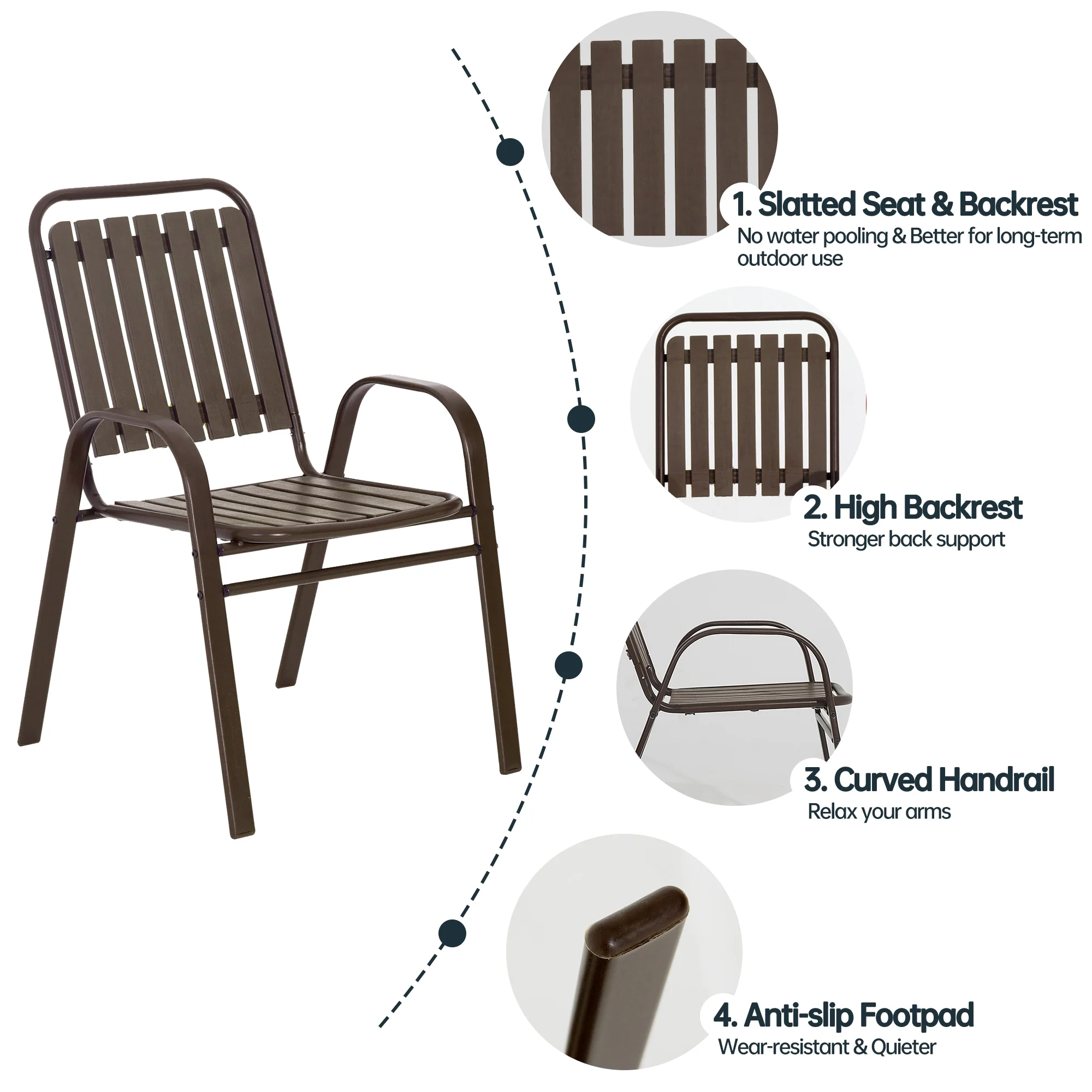 Outdoor Patio Lawn Dinning Chairs Set of 2 High Back Stackable Chairs with Armrest, Brown