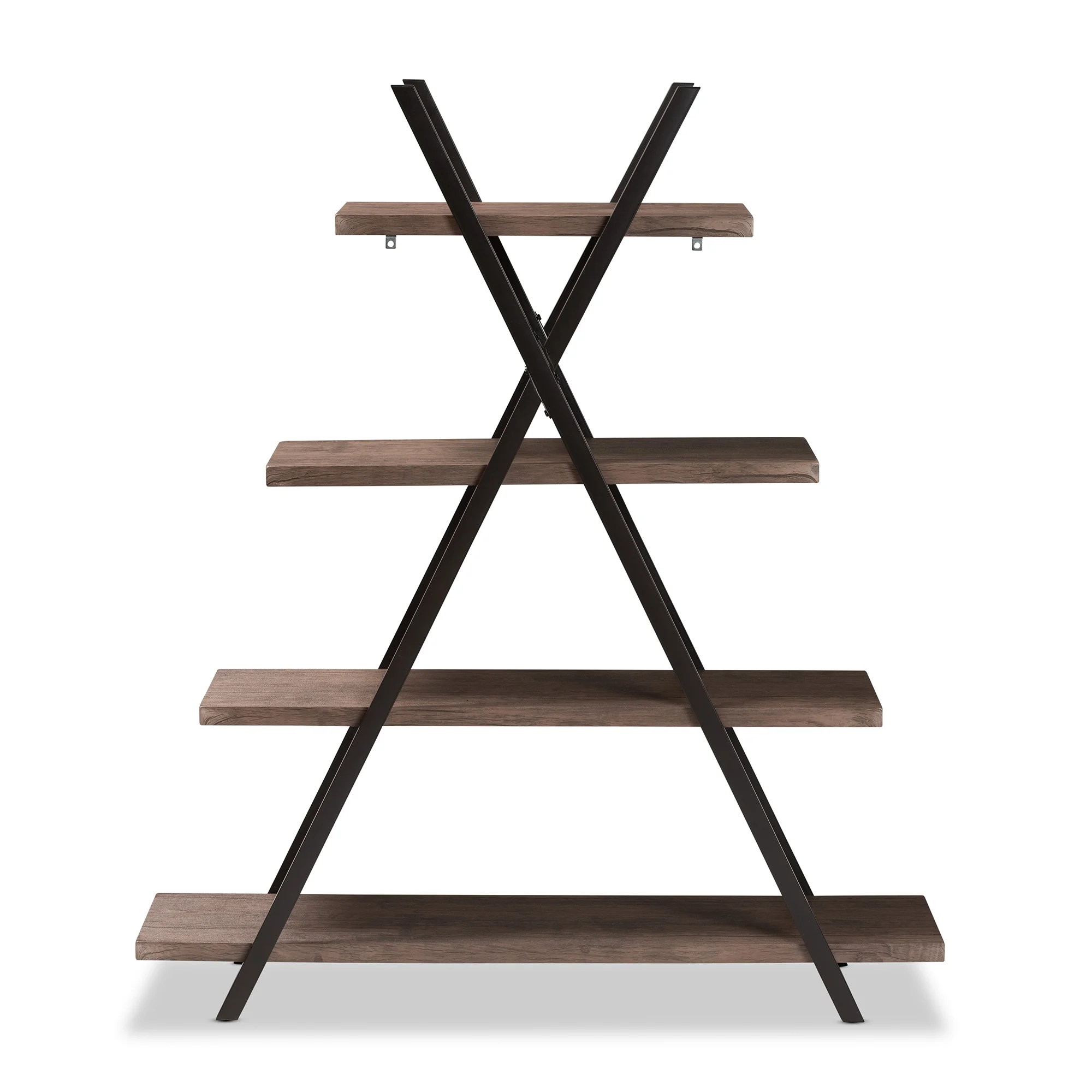 Baxton Studio Fiera Industrial Rustic Walnut Finished Wood and Black Metal 4-Tier Living Room Display Shelf