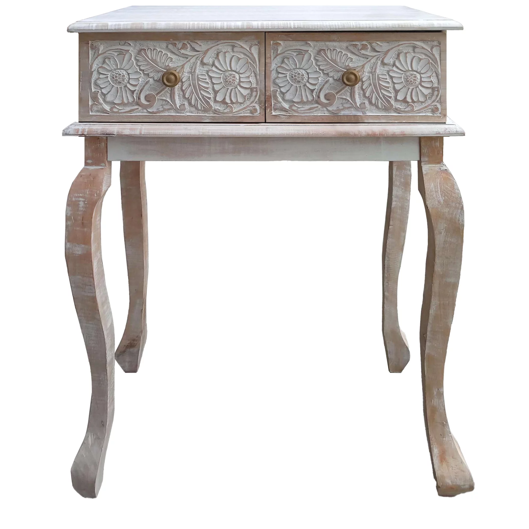 Homiyad 2 Drawer Mango Wood Console Table With Floral Carved Front, Brown And White