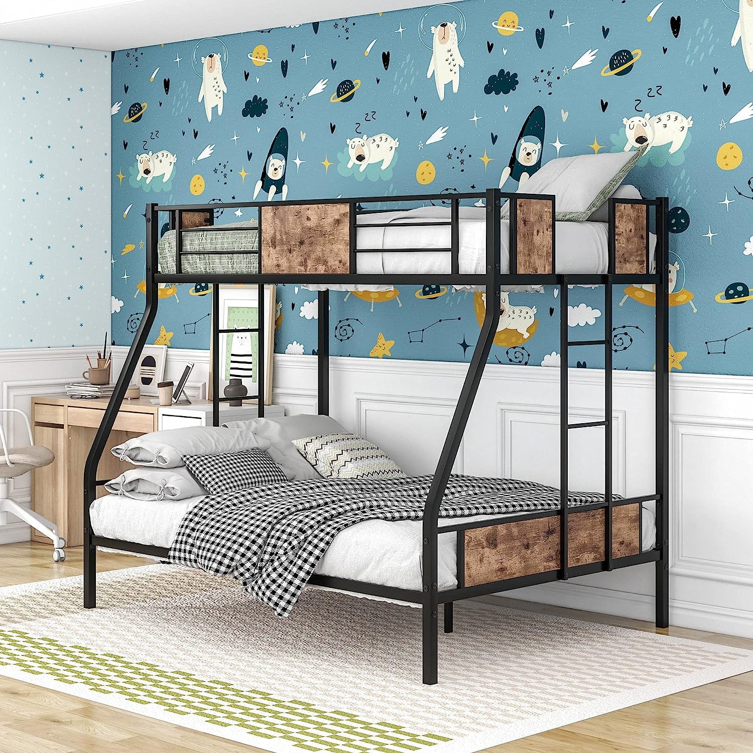 OUWI Twin Over Full Bunk Bed with Metal Frame Sturdy Guard Rail and Safety Ladder, Black