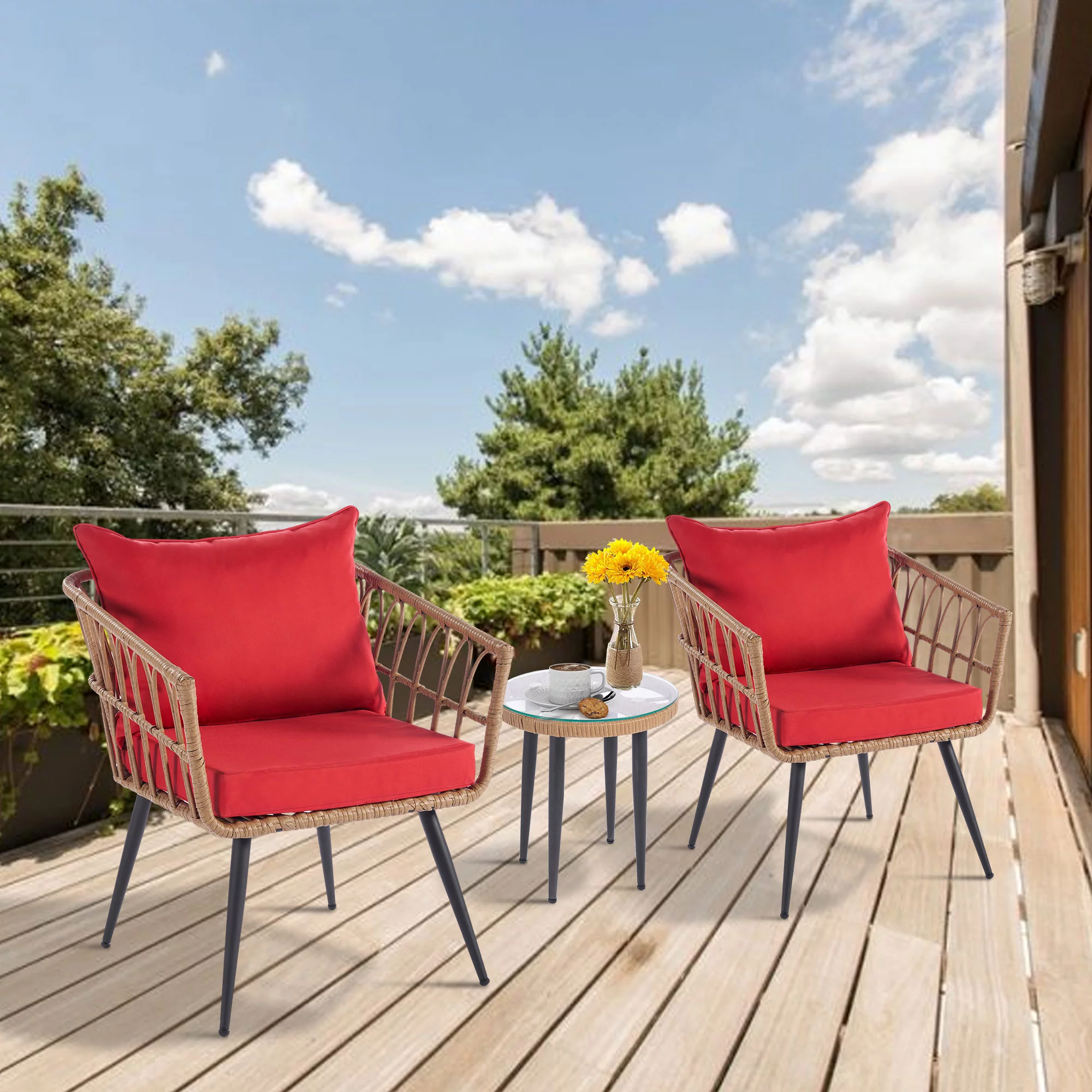 SYNGAR 3 Piece Patio Bistro Set, All Weather PE Wicker Sectional Furniture Set with Red Cushions, Outdoor Conversation Set with 2 Single Chairs and 1 Coffee Table, for Yard, Deck, Garden