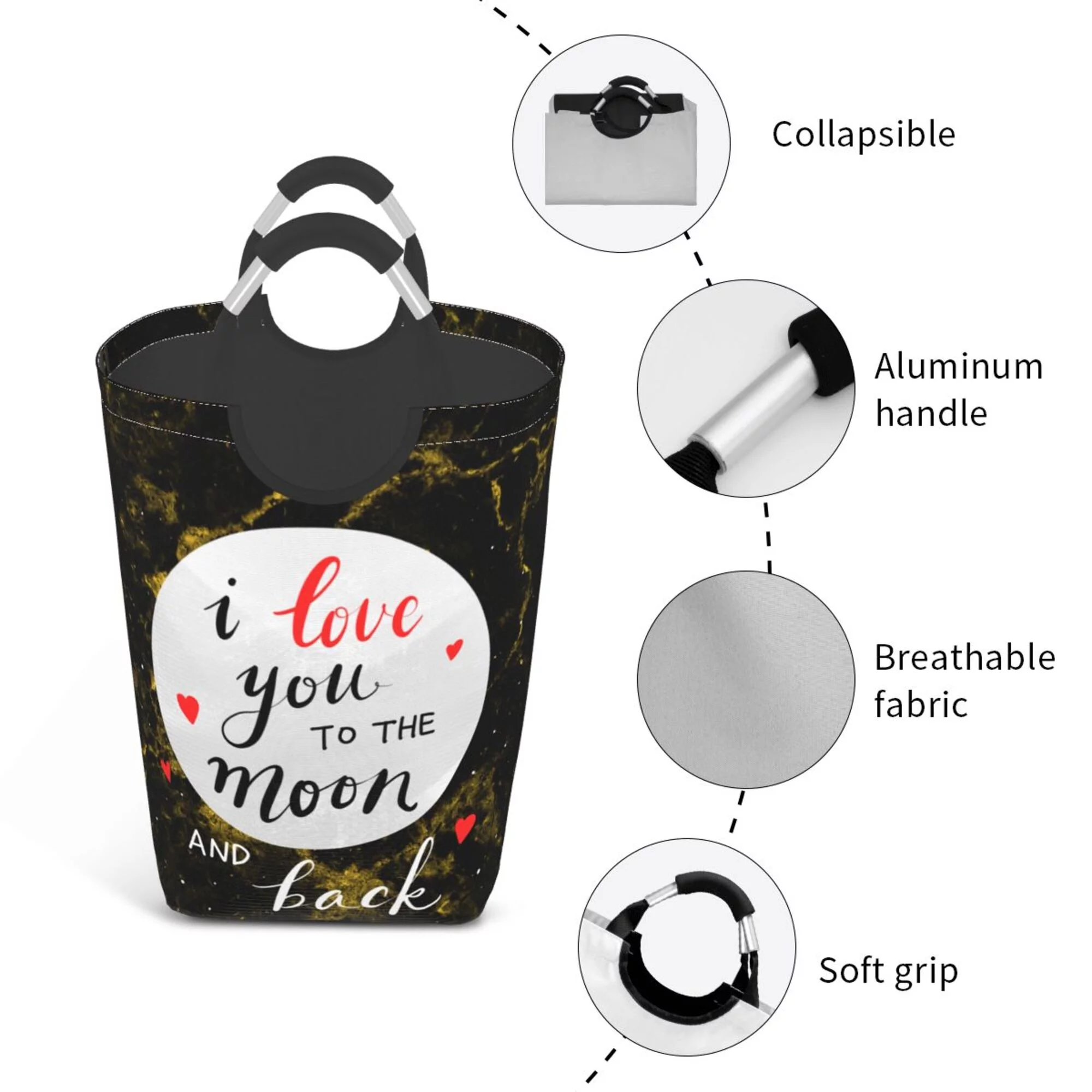 TEQUAN 50L Large Rectangular Laundry Hamper with Aluminum Handles, I Love You Text Prints Waterproof Foldable Dirty Clothes Basket