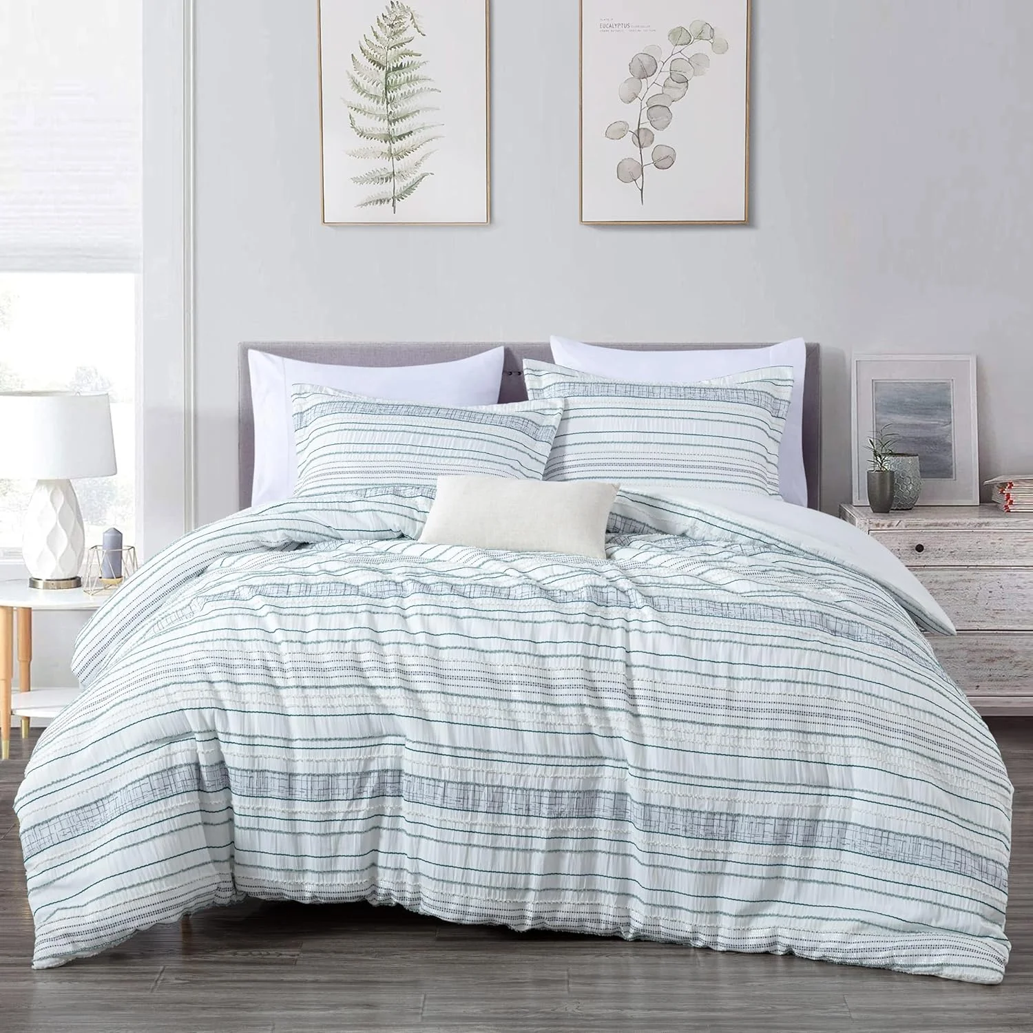 Chezmoi Collection 4-Piece Boho Clip Jacquard Comforter Set Twin Size, Teal Blue White Striped Soft Textured Lightweight Bedding for All Season (1 Comforter, 1 Sham, 1 Pillowcase, 1 Cushion)