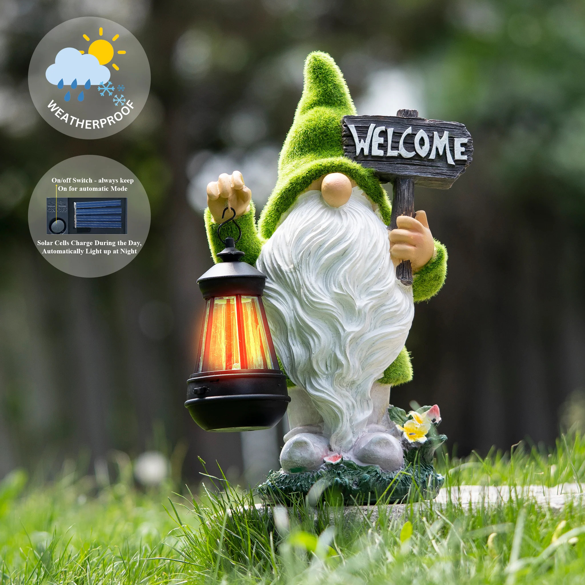 Welcome Gnome with Solar Powered Garden Lamp, Green White, Polyresin Lawn Gnome Statue, Patio Statue 13 inch 33 cm