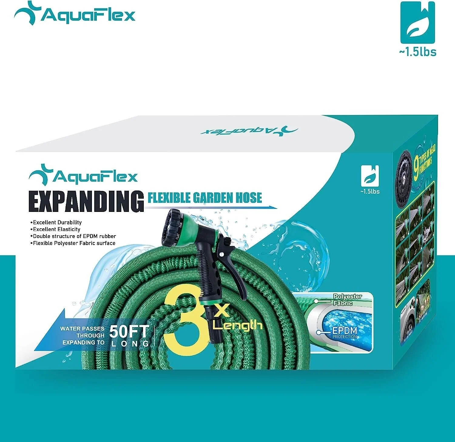 AquaFlex 50ft Expandable Garden Hose with 9 Function Nozzle, Superlight weight
