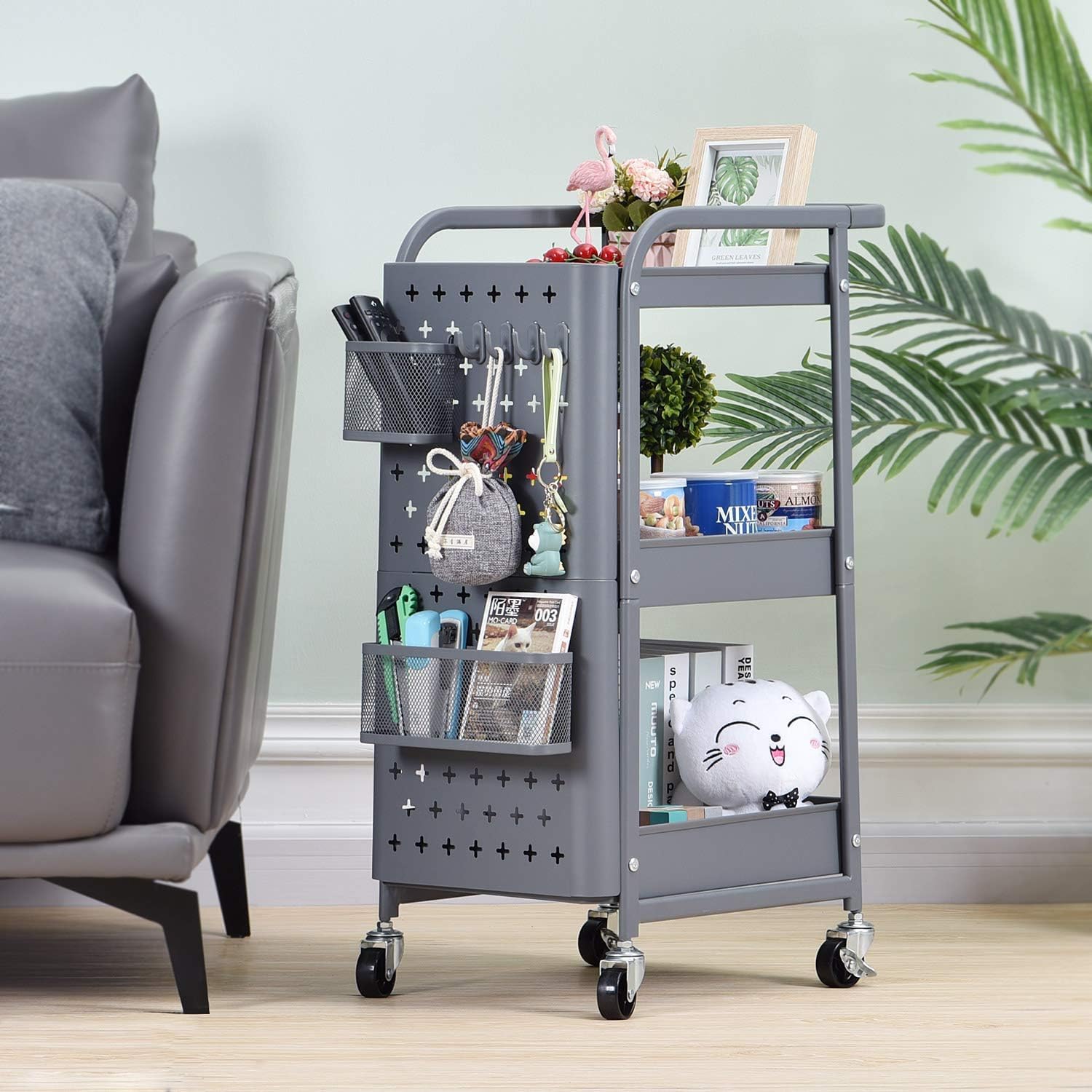3-Tier Rolling Cart, Metal Utility Cart with Pegboard, Storage Trolley Organizer Serving Cart with Handle and Extra Baskets Hooks for Kitchen Office Teacher Classroom, Grey