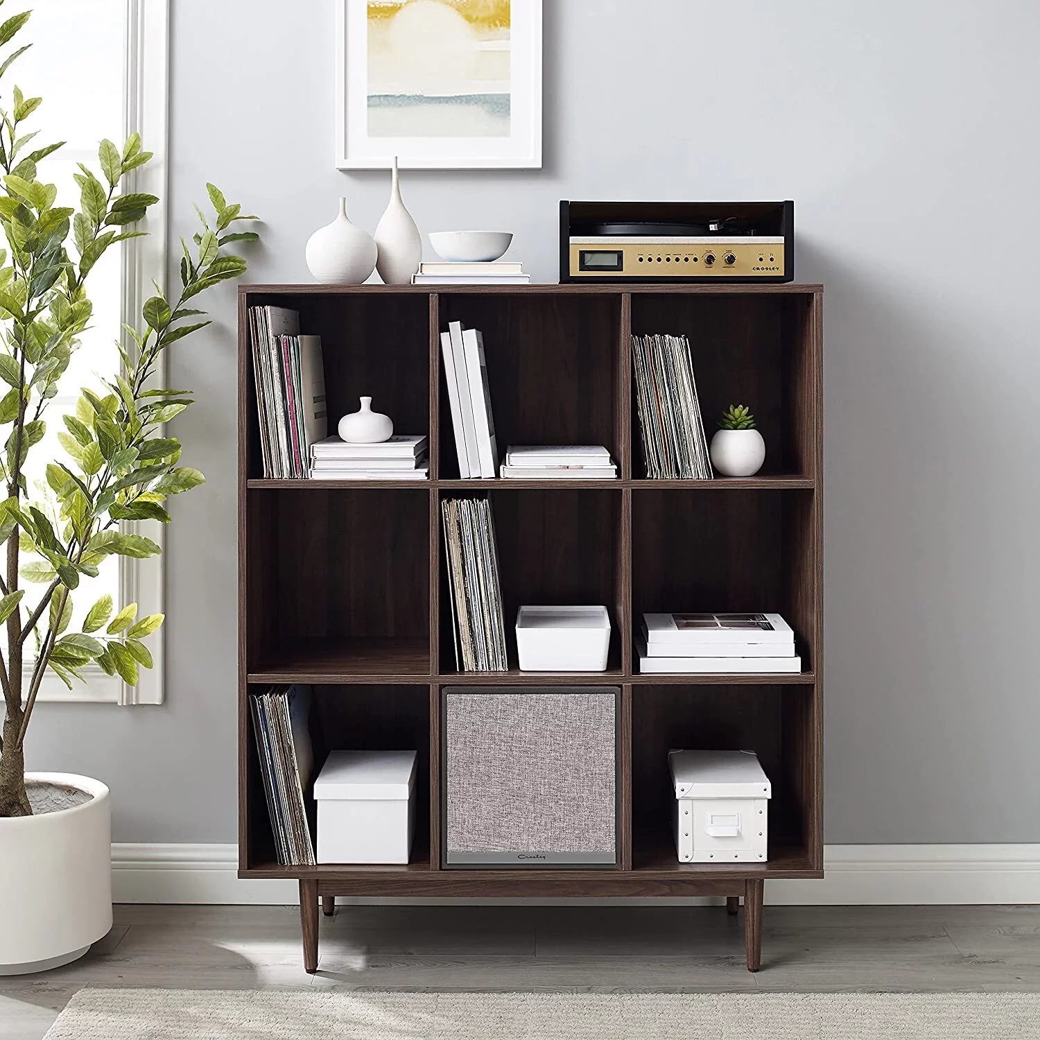 Crosley Furniture Liam 9 Cube Record Storage Bookcase With Speaker in Walnut/Black